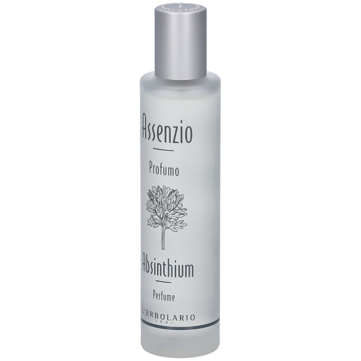 Ein mattierter Glasflakon mit silbernem Verschluss, der "Assenzio Profumo Absinthium Perfume" von L'Erbolario enthält.