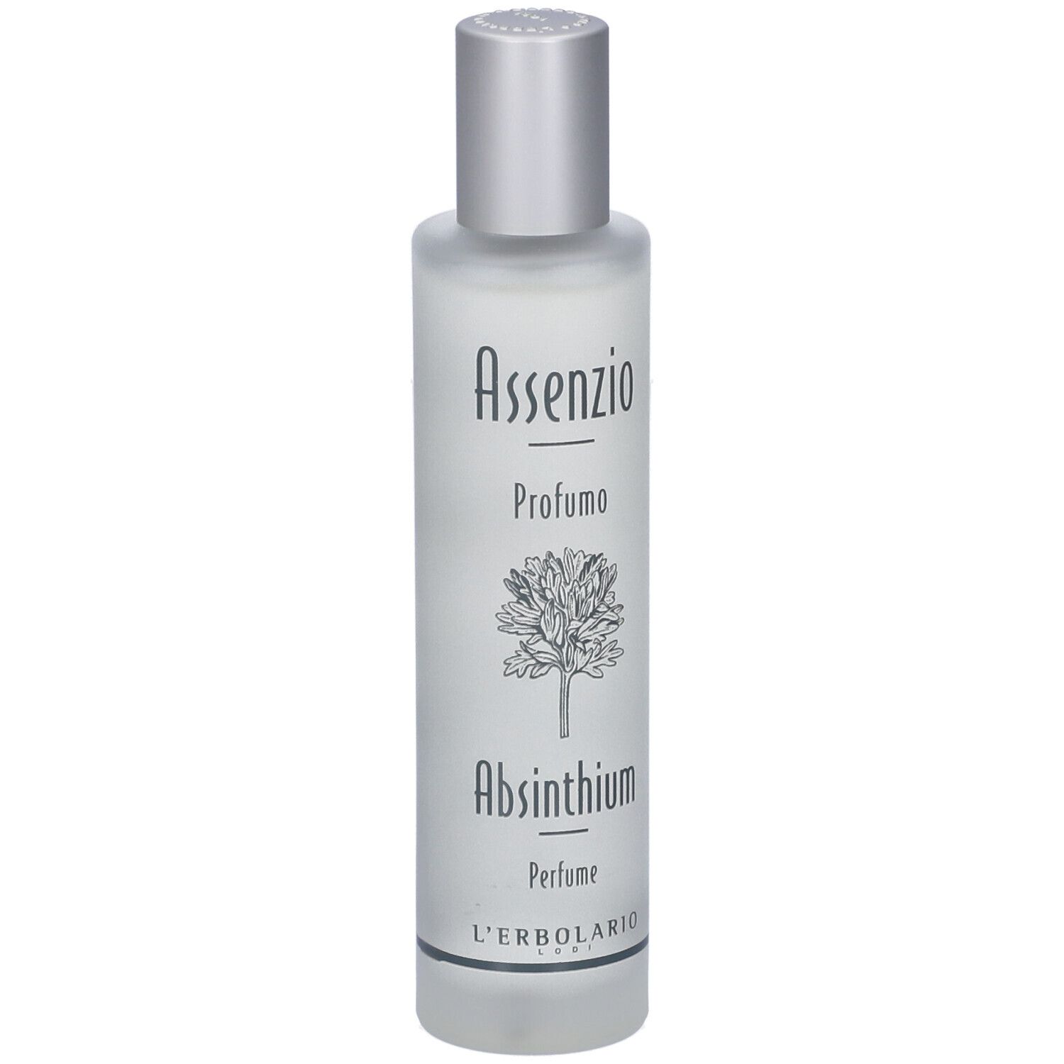 L'Erbolario Assenzio Profumo Absinthium Parfümflasche mit silbernem Verschluss und Blattmotiv.
