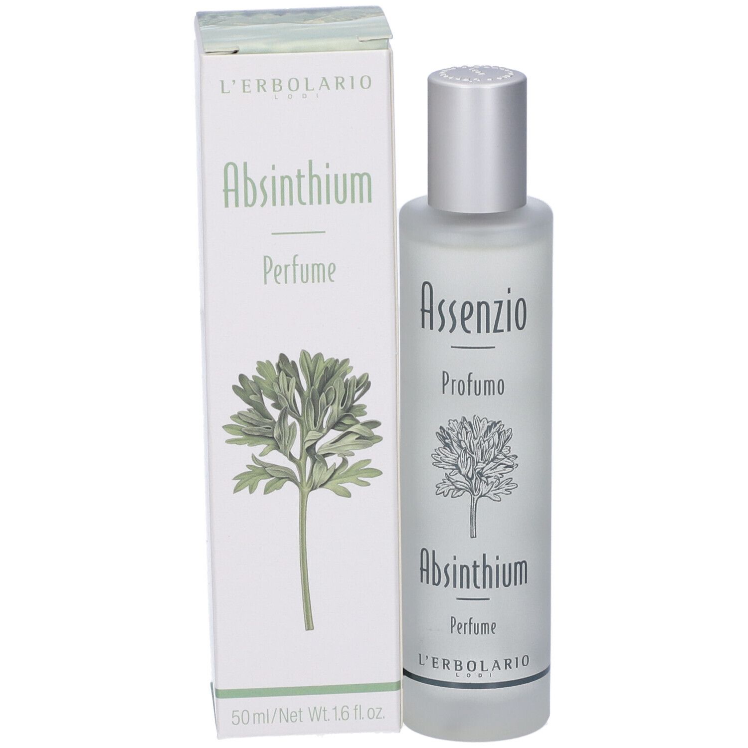 L'Erbolario Absinthium Parfum Flasche und Karton mit Pflanzenabbildung.