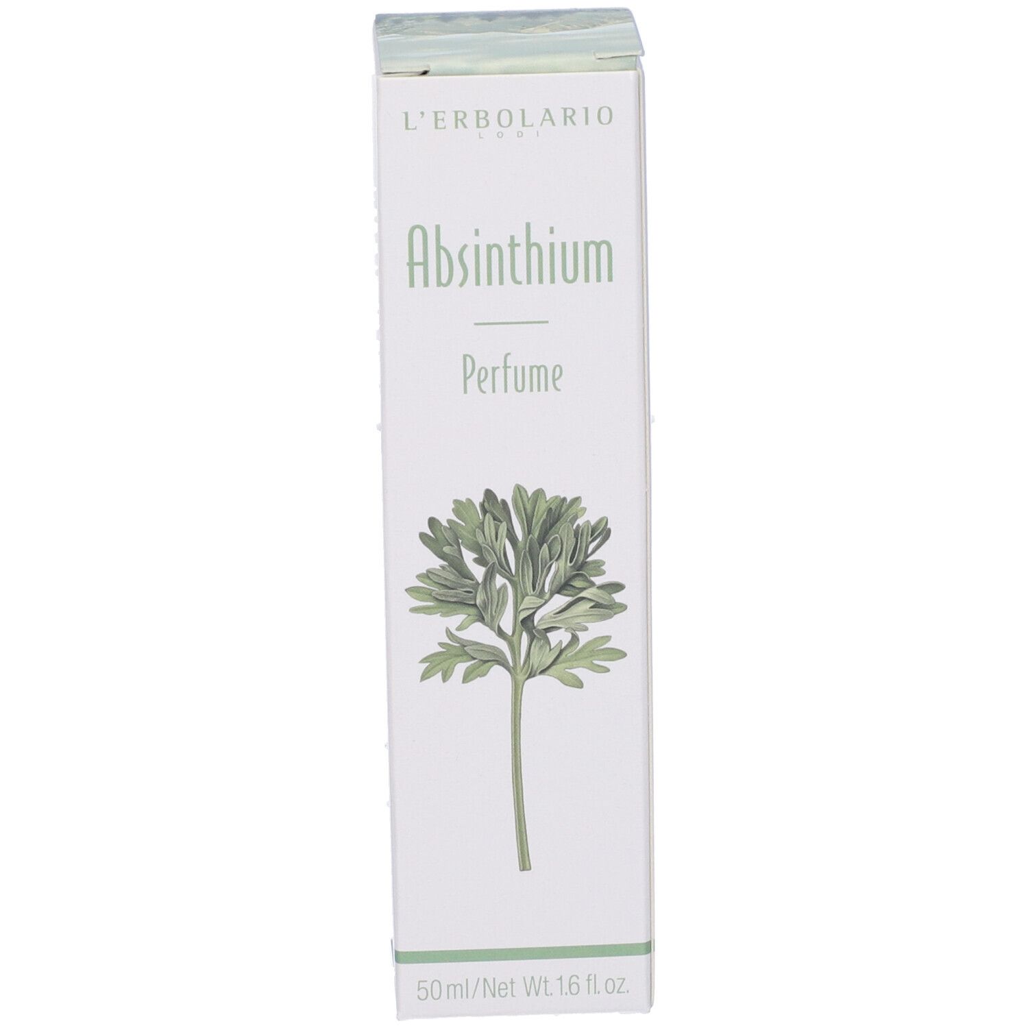 Weiße Parfümverpackung mit "Absinthium" und einer grünen Pflanze.