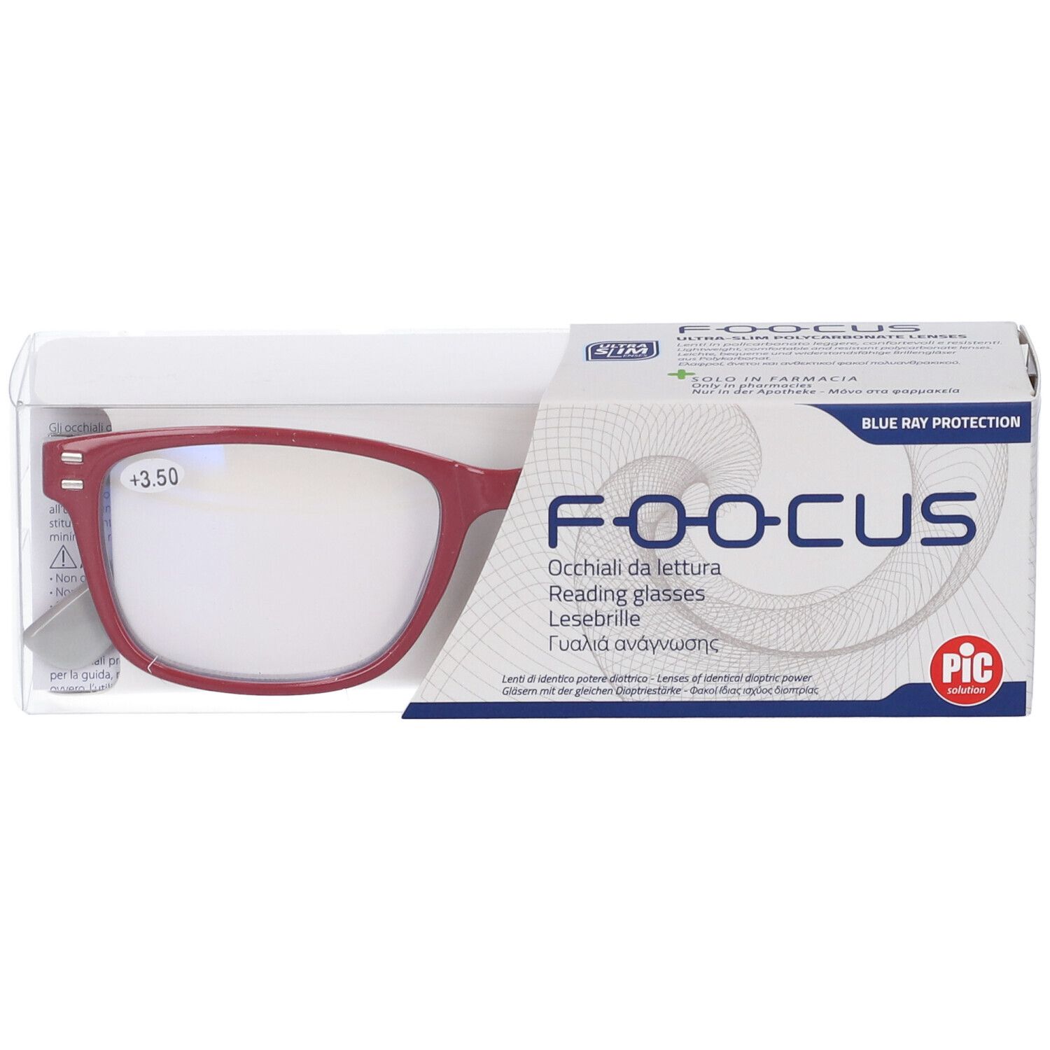 Occhiali rossi +3,50 in confezione. Scritta FOOCUS, occhiali da lettura. Protezione luce blu.
