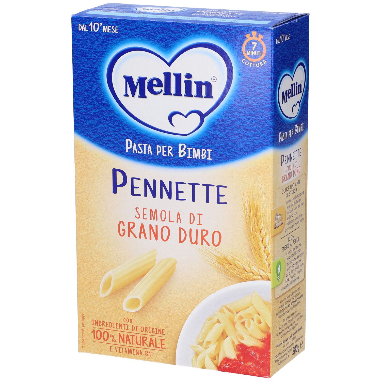 Confezione di pasta Pennette. Colori blu e beige. Marchio Mellin. Testo: Pasta per Bimbi, Semola di Grano Duro.