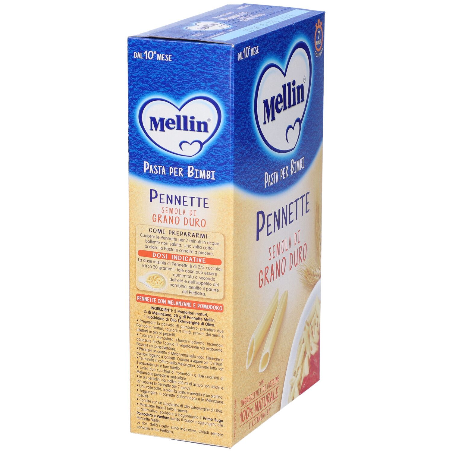 Confezione di pasta Pennette. Colori blu e beige. Marchio Mellin. Testo: Pasta per Bimbi, Semola di Grano Duro. Vista laterale.
