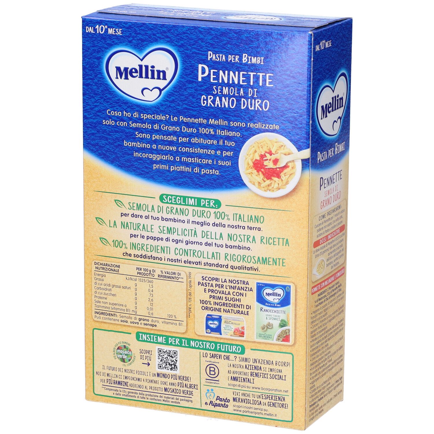 Retro della confezione di pasta Pennette. Colori blu e beige. Marchio Mellin. Testo: Pasta per Bimbi, Semola di Grano Duro.