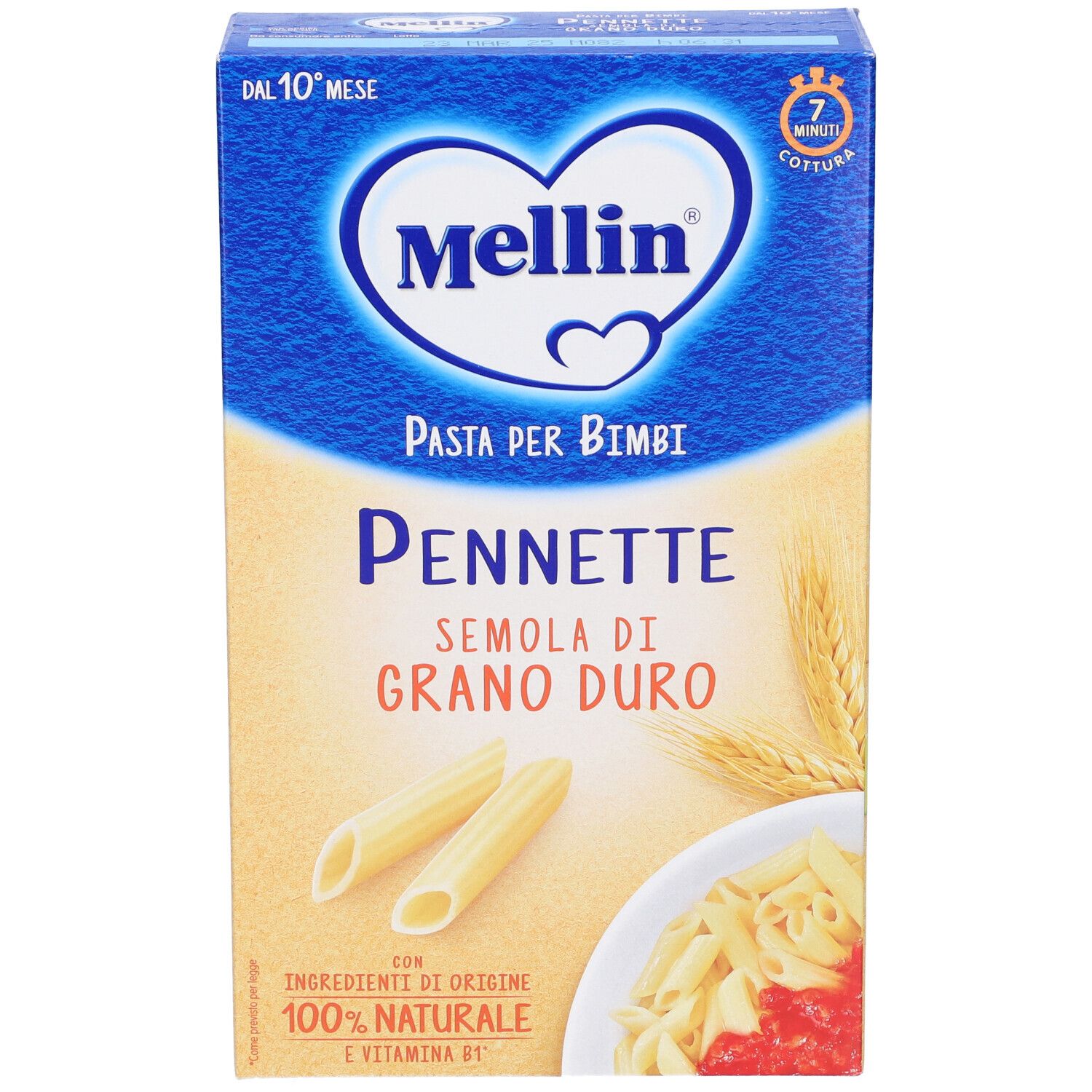 Confezione di pasta Pennette. Colori blu e beige. Marchio Mellin. Testo: Pasta per Bimbi, Semola di Grano Duro.