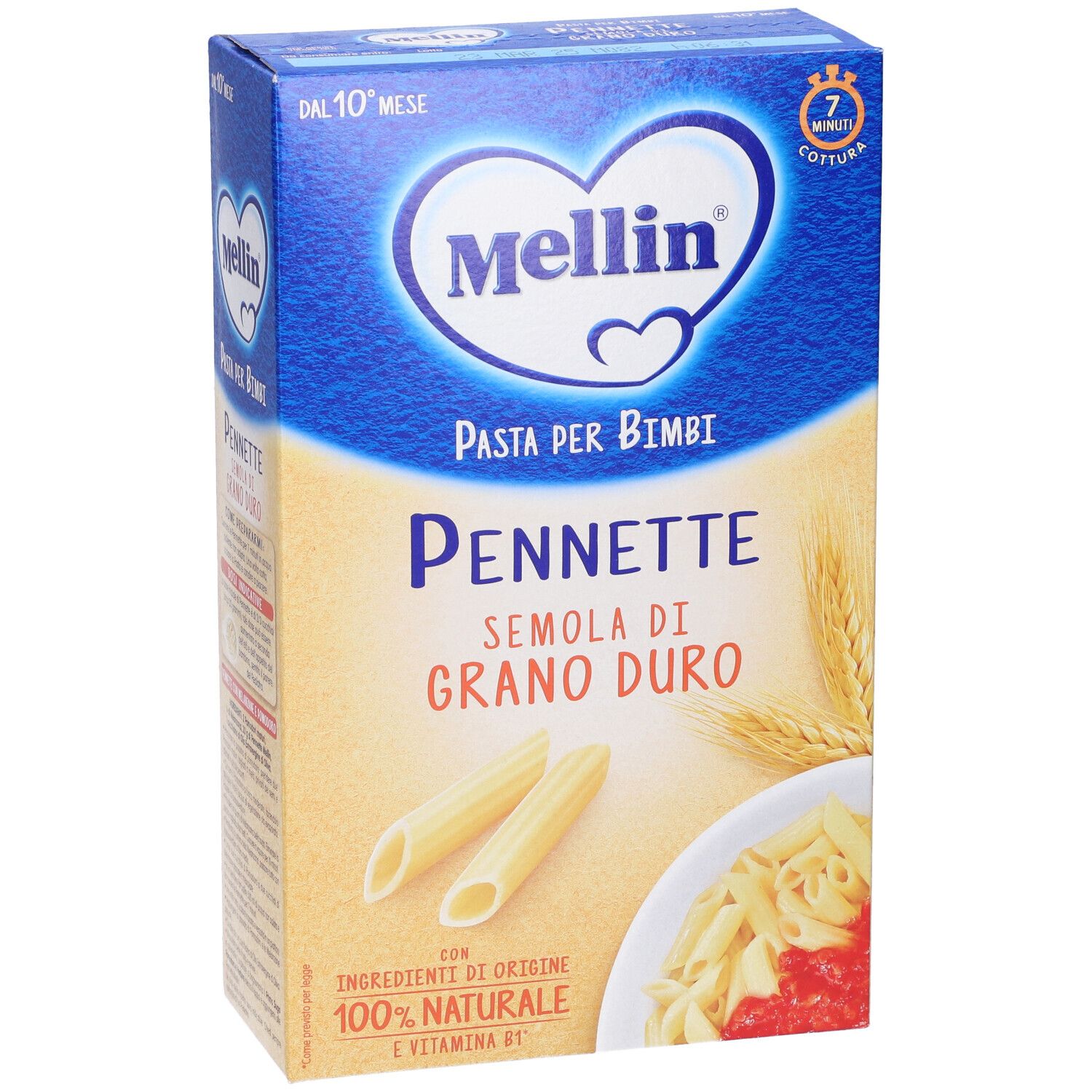 Confezione di pasta Pennette. Colori blu e beige. Marchio Mellin. Testo: Pasta per Bimbi, Semola di Grano Duro.