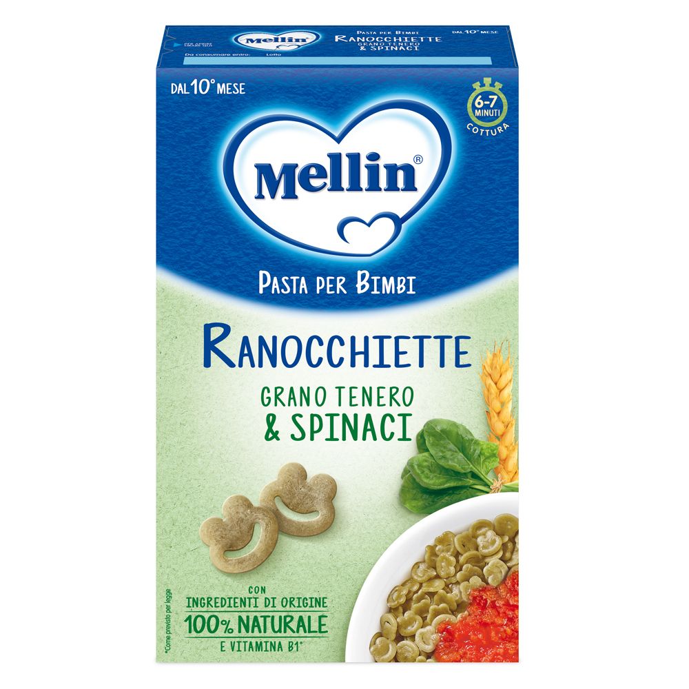 Mellin Ranocchietten Grano Tenero & Spinaci Baby Pasta Packung mit Frosch-förmiger Pasta, Spinat und Tomaten.
