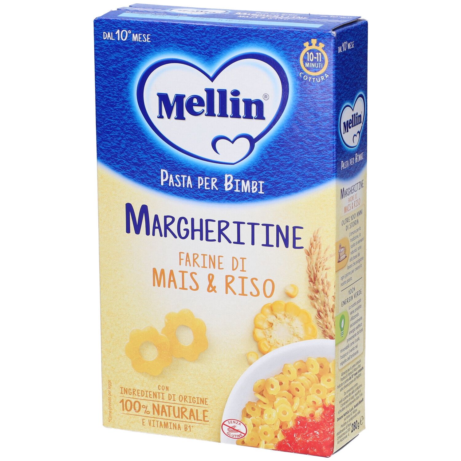 Confezione di Mellin Margheritine. Scritte: Mais & Riso, Pasta per bimbi, 100% naturale, Vitamina B1.