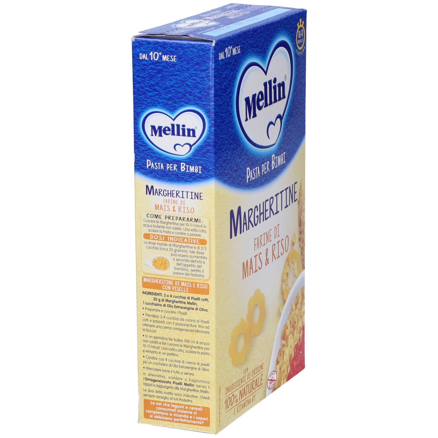 Confezione di Mellin Margheritine. Colori blu e giallo. Testo: Pasta per bimbi, Mais & Riso, Istruzioni per la preparazione.