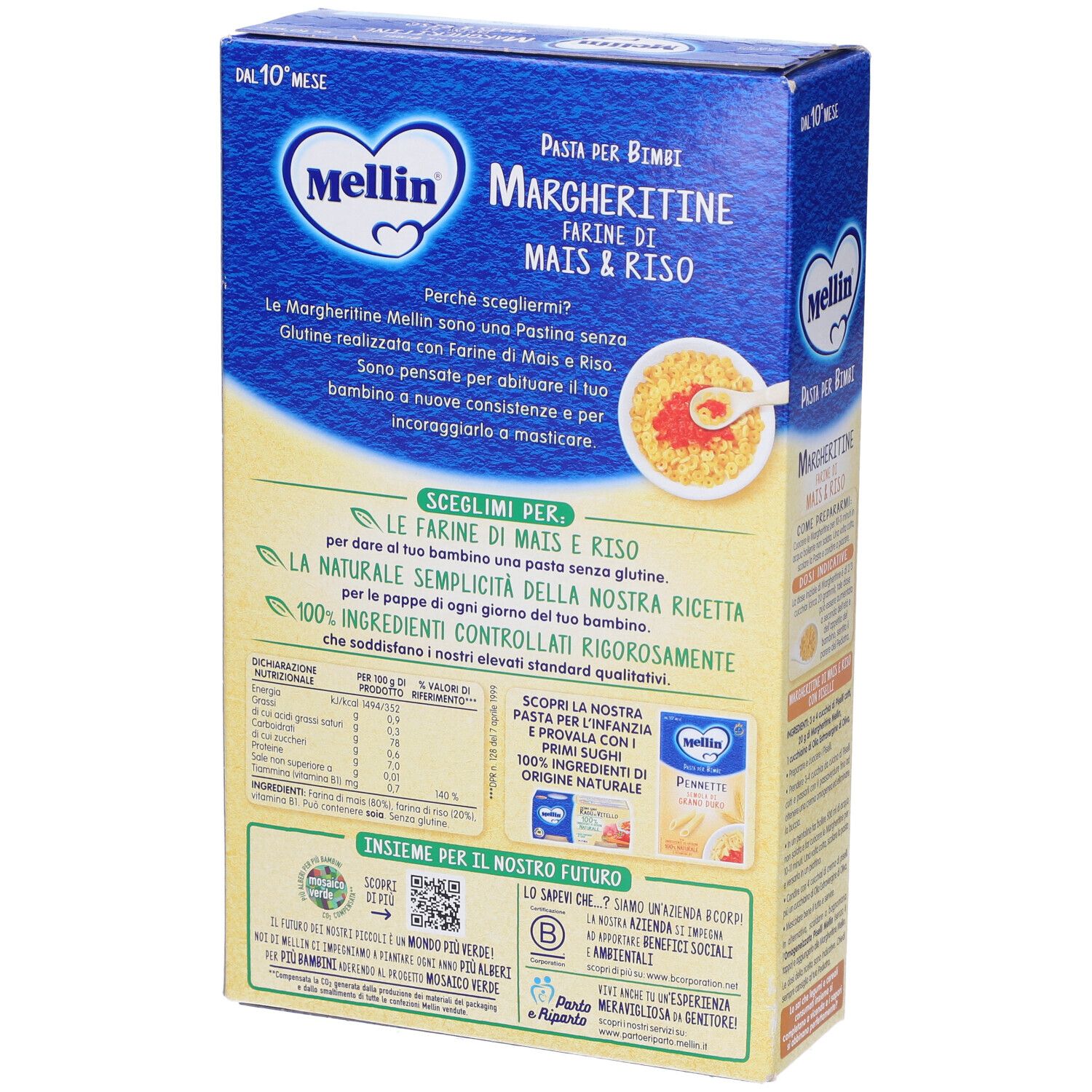 Retro della confezione di Mellin Margheritine. Testo: Pasta per bimbi, Mais & Riso, Ingredienti, Informazioni nutrizionali.
