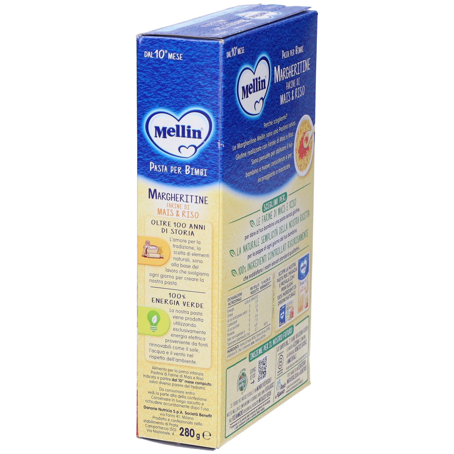 Lato della confezione di Mellin Margheritine. Testo: Pasta per bimbi, Mais & Riso, 100 anni di storia, 280g.
