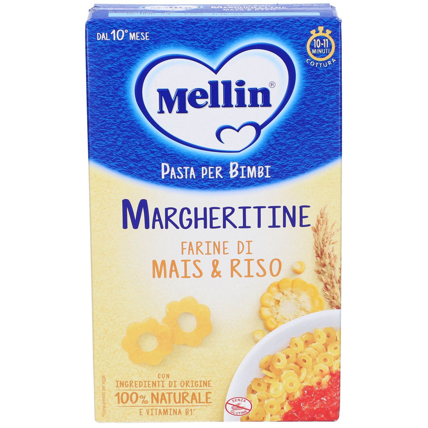 Confezione di Mellin Margheritine. Scritte: Mais & Riso, Pasta per bimbi, 100% naturale, Vitamina B1.
