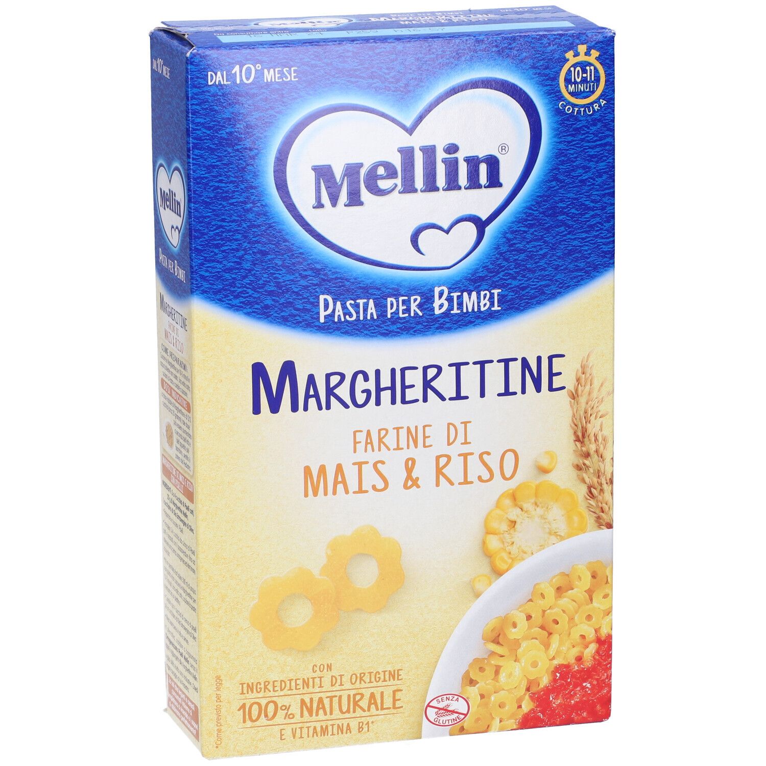 Confezione di Mellin Margheritine. Scritte: Mais & Riso, Pasta per bimbi, 100% naturale, Vitamina B1.