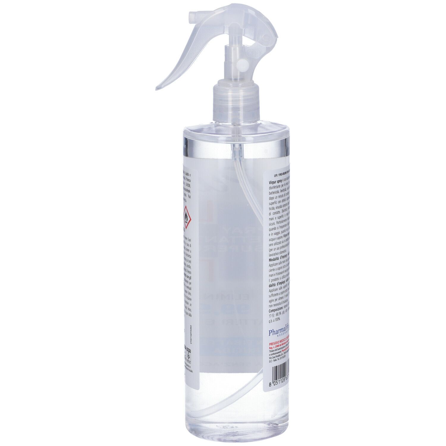 Flacone spray trasparente, vista laterale. Etichetta con testo. Erogatore in alto. Retro con testo.