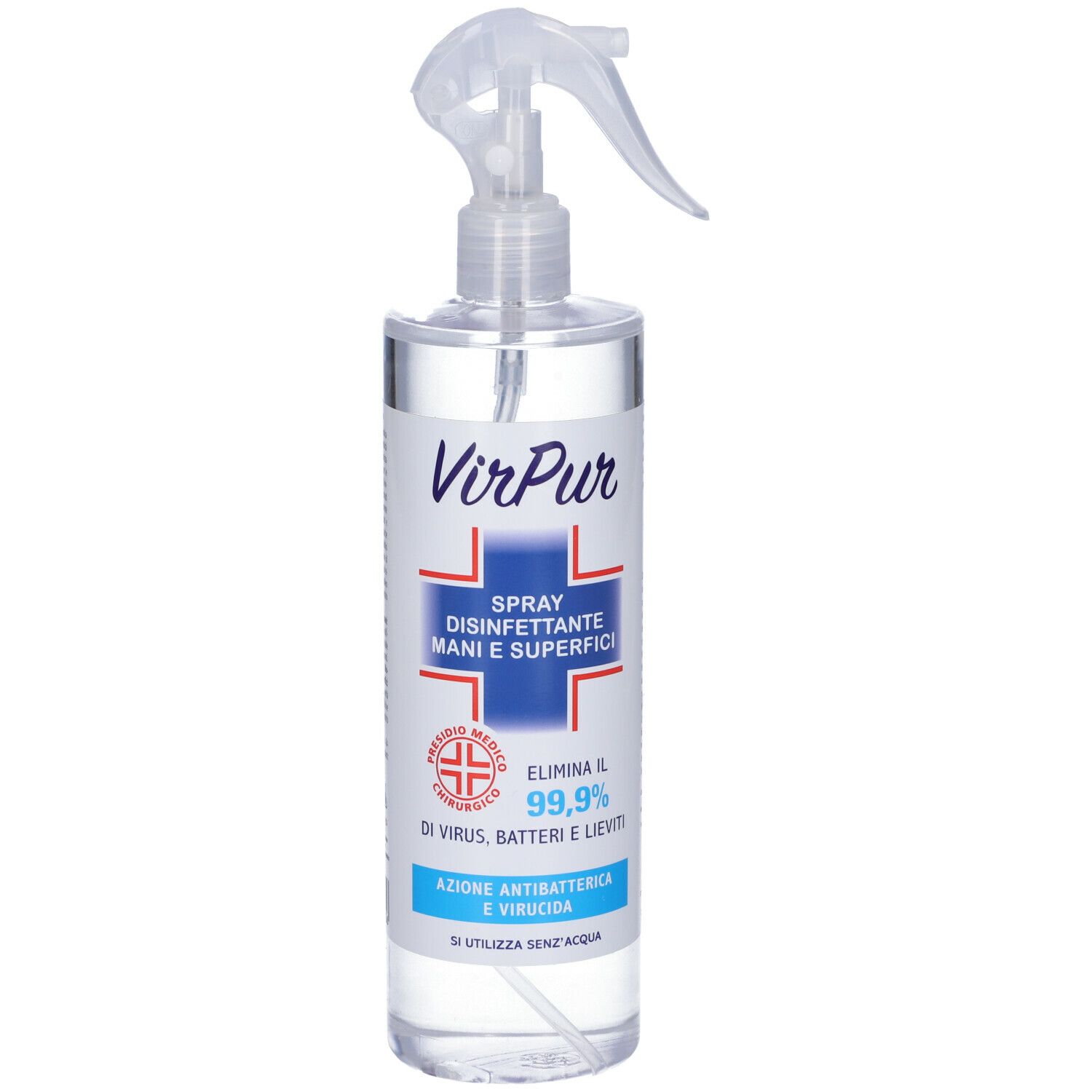 Flacone spray trasparente con erogatore. Scritta: VirPur Spray Disinfettante. Contiene logo croce rossa.