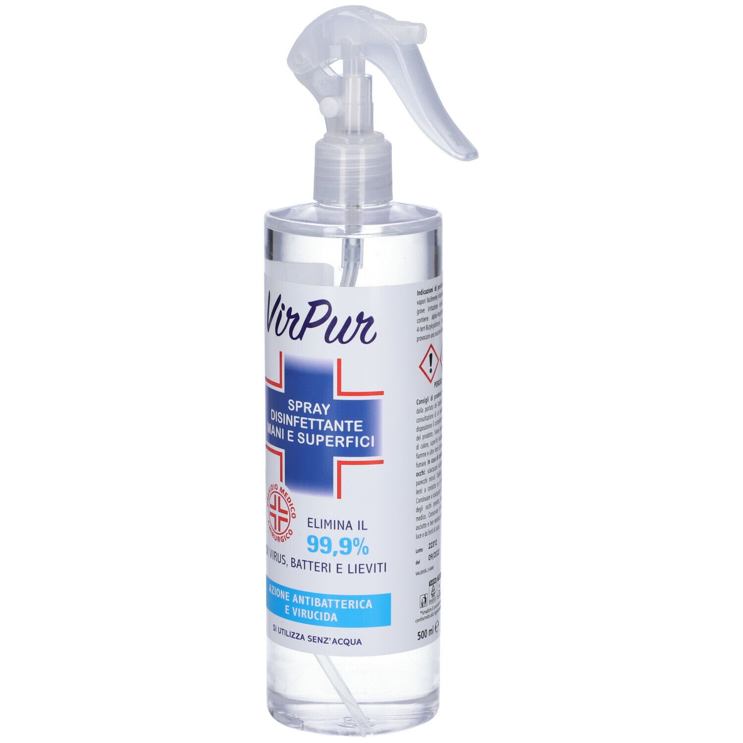 Flacone spray trasparente con erogatore. Scritta: VirPur Spray Disinfettante. Contiene logo croce rossa. 500ml.