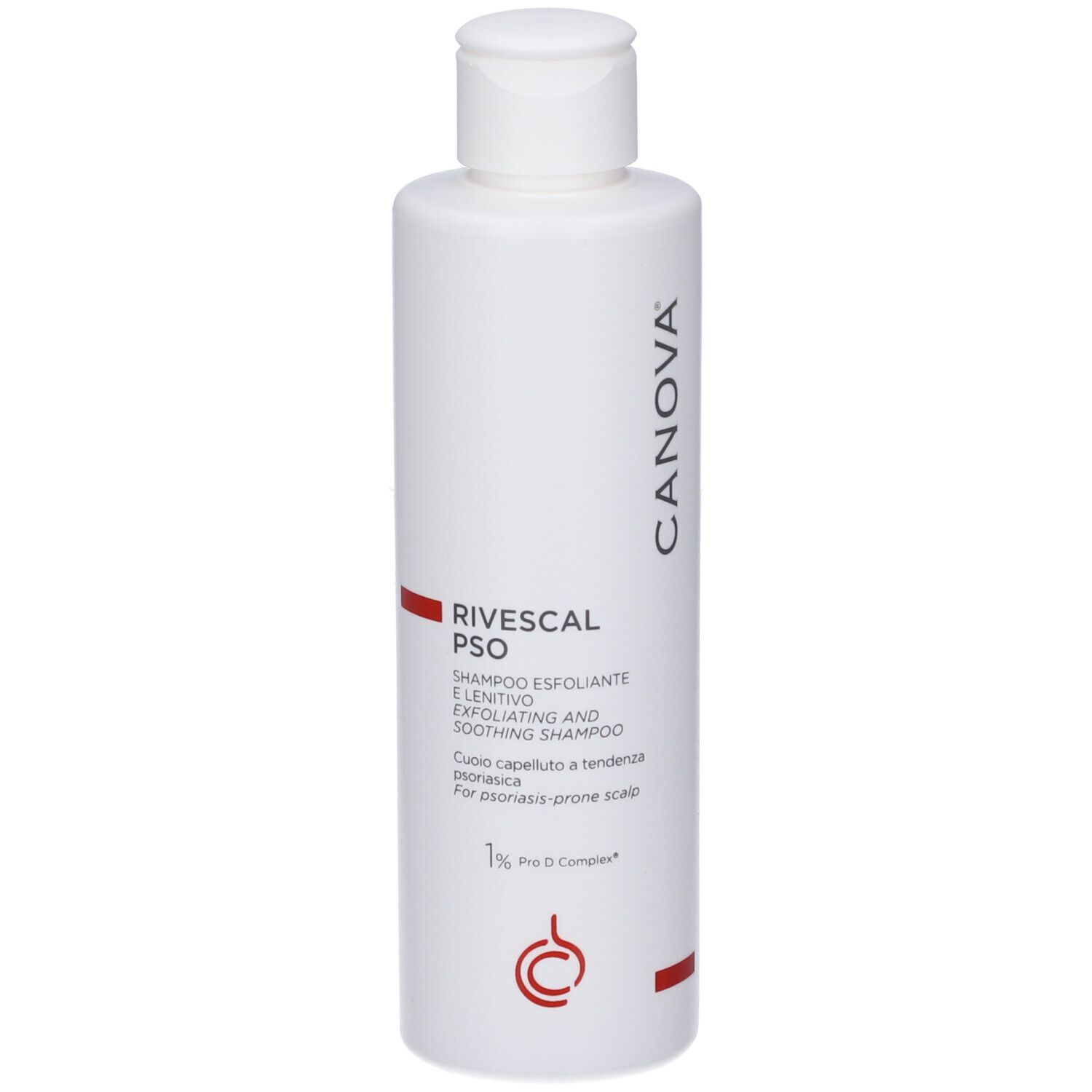 Weiße Flasche Canova Rivescal Pso Shampoo mit rotem Streifen und Text.