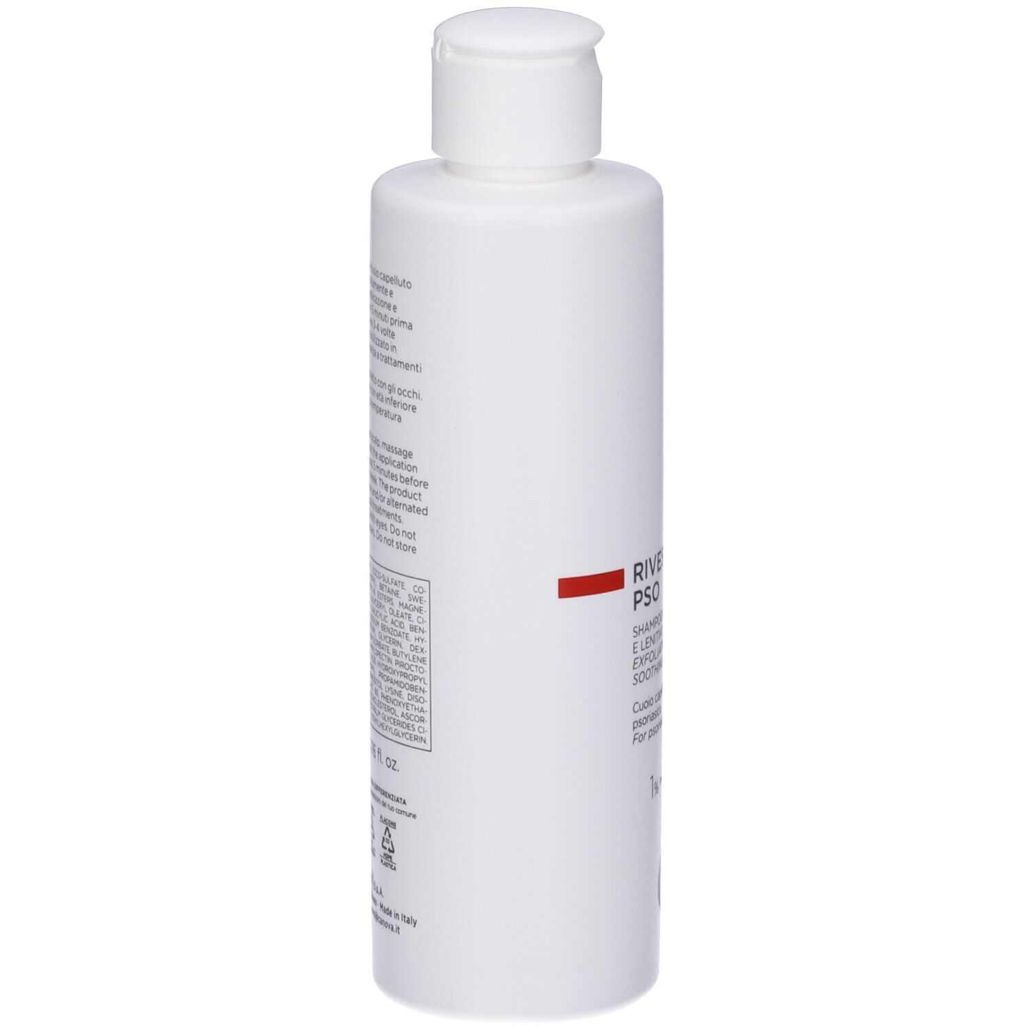 Rückseite einer weißen Flasche Canova Rivescal Pso Shampoo mit Textinformationen.