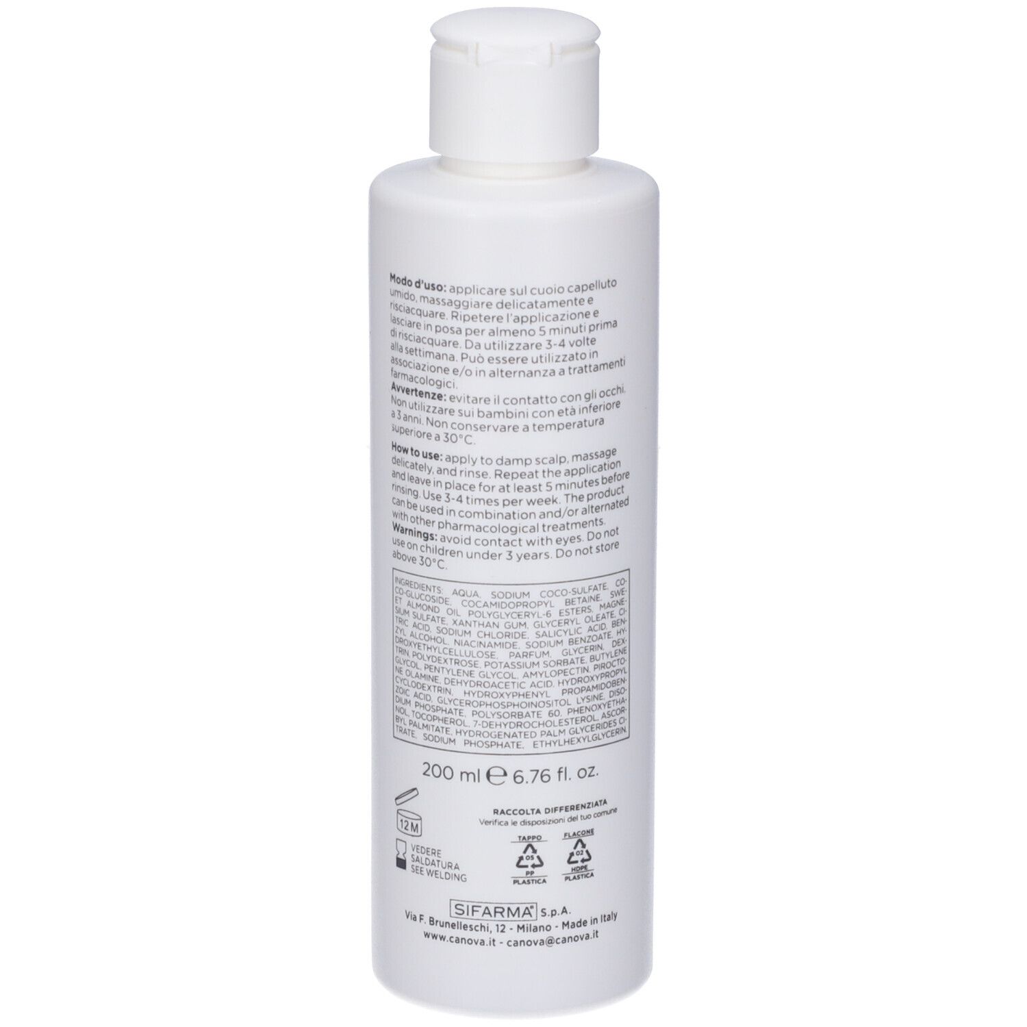 Rückseite einer weißen Flasche Canova Rivescal Pso Shampoo mit detaillierten Textinformationen und Volumen.