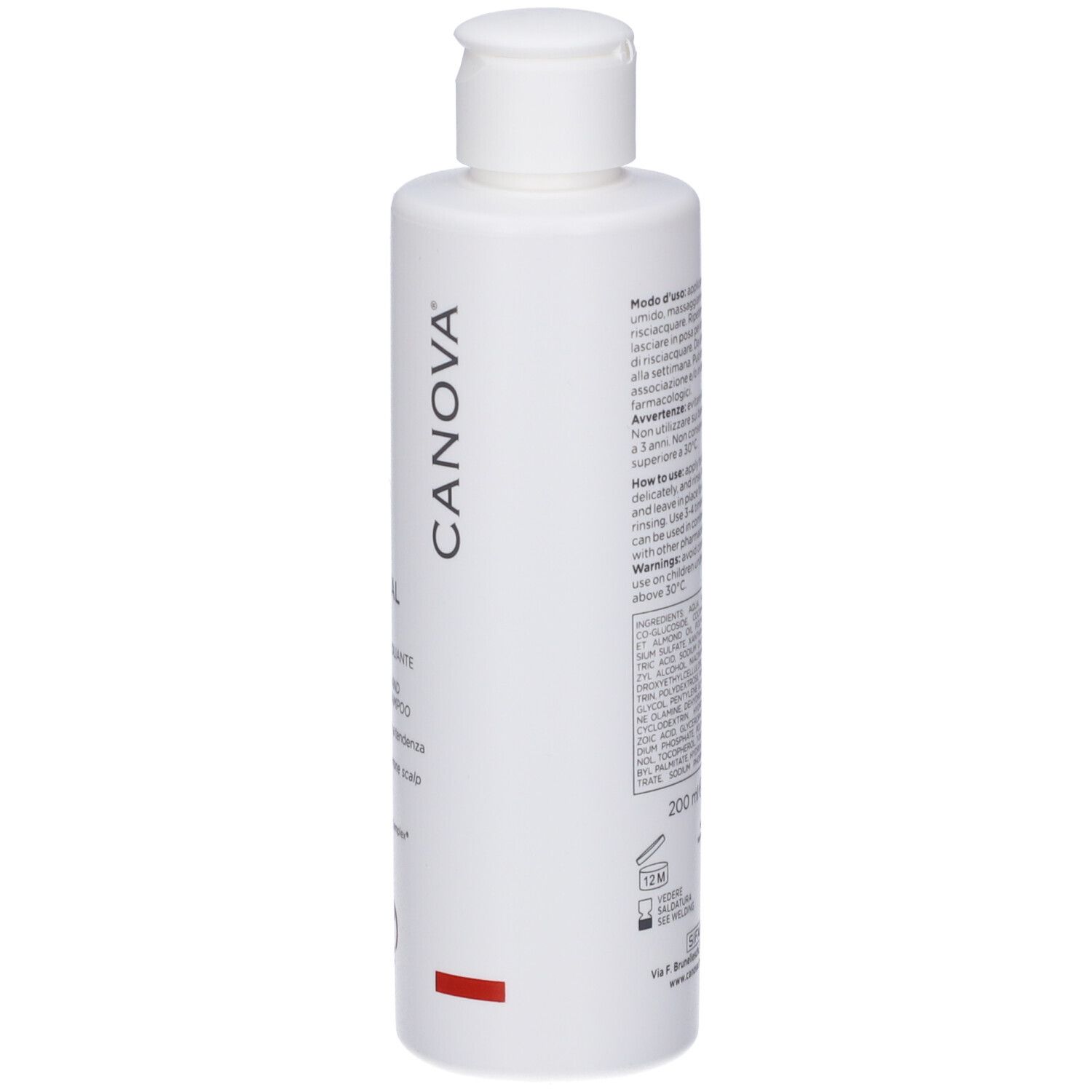Seite einer weißen Flasche Canova Rivescal Pso Shampoo mit Text und Logo.