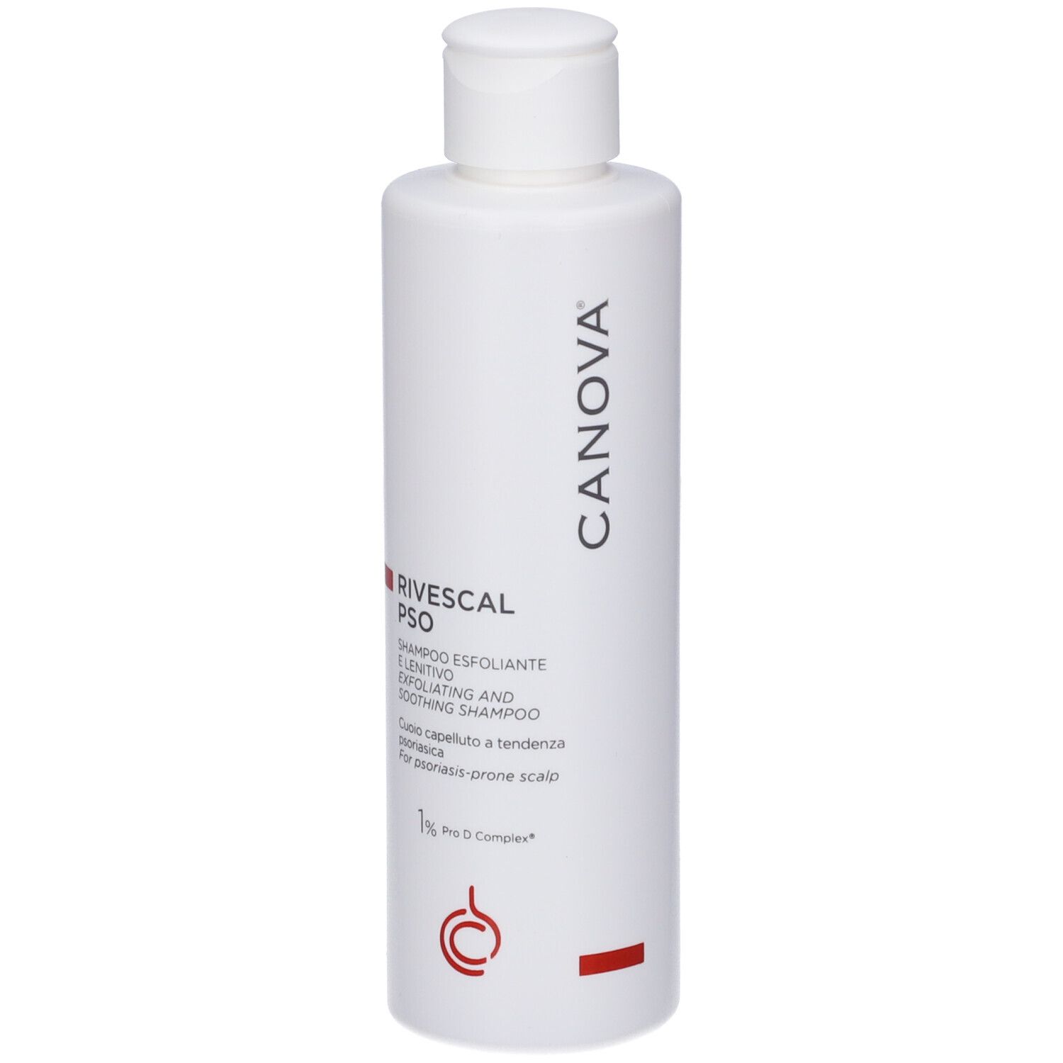 Weiße Flasche Canova Rivescal Pso Shampoo mit rotem Streifen und Text.