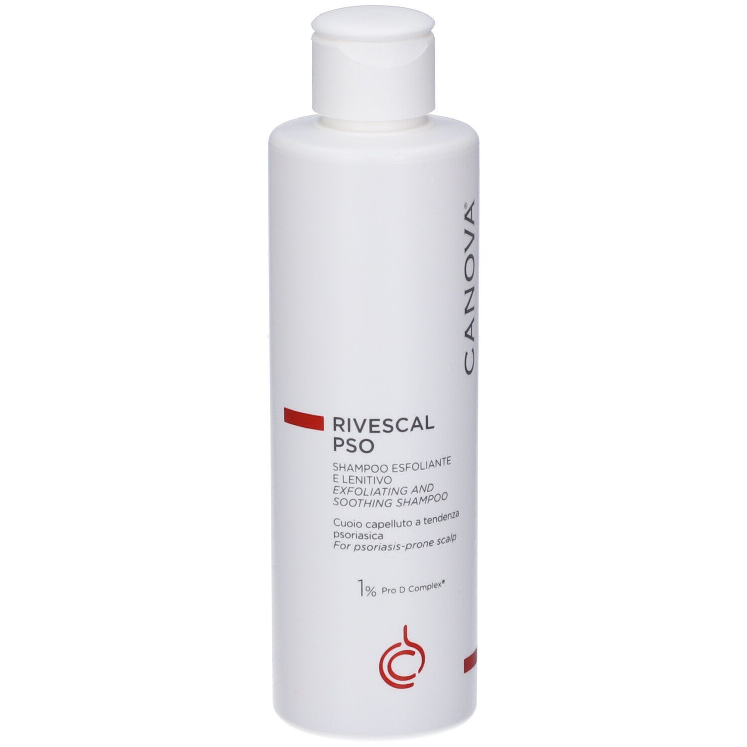 Weiße Flasche Canova Rivescal Pso Shampoo mit rotem Streifen und Text.