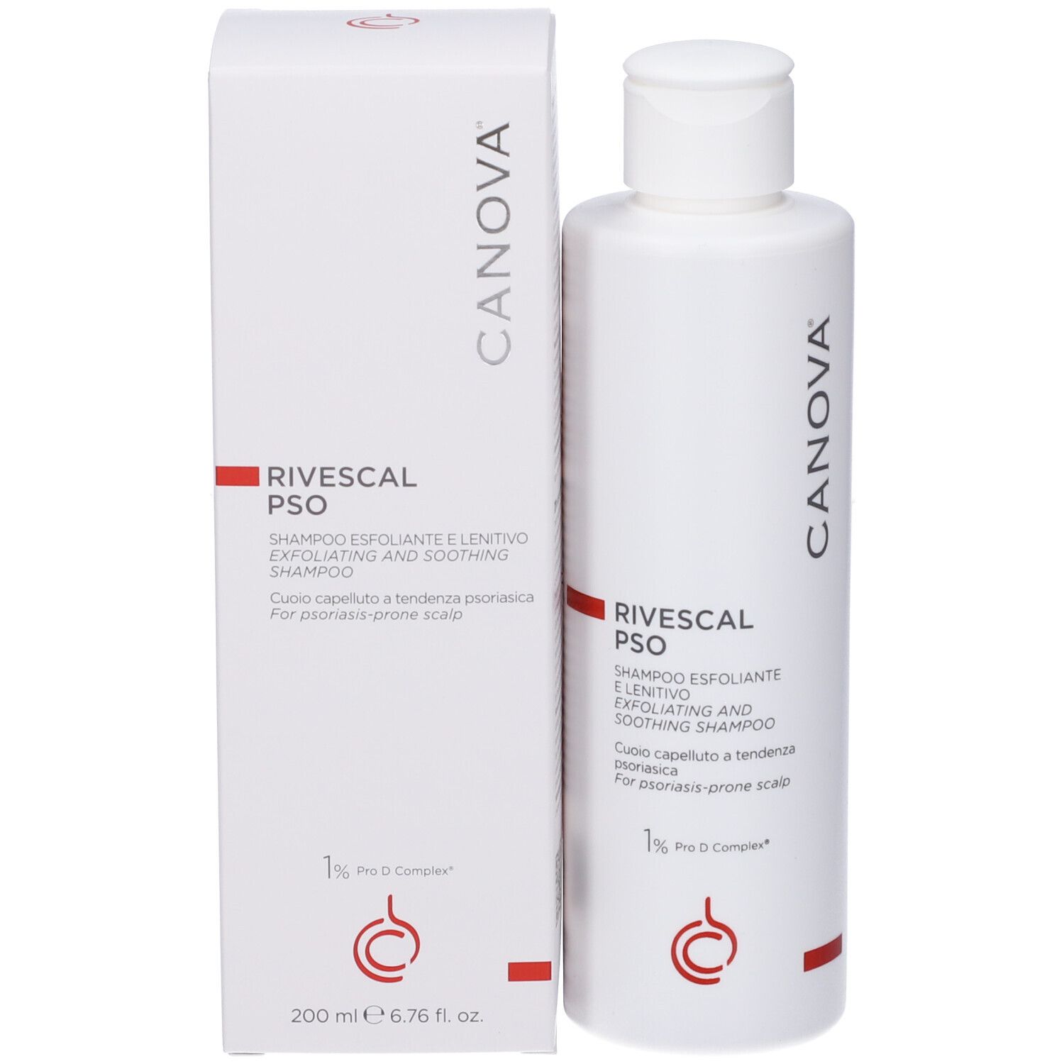 Canova Rivescal Pso Shampoo Flasche und Verpackung mit Text und Logo.