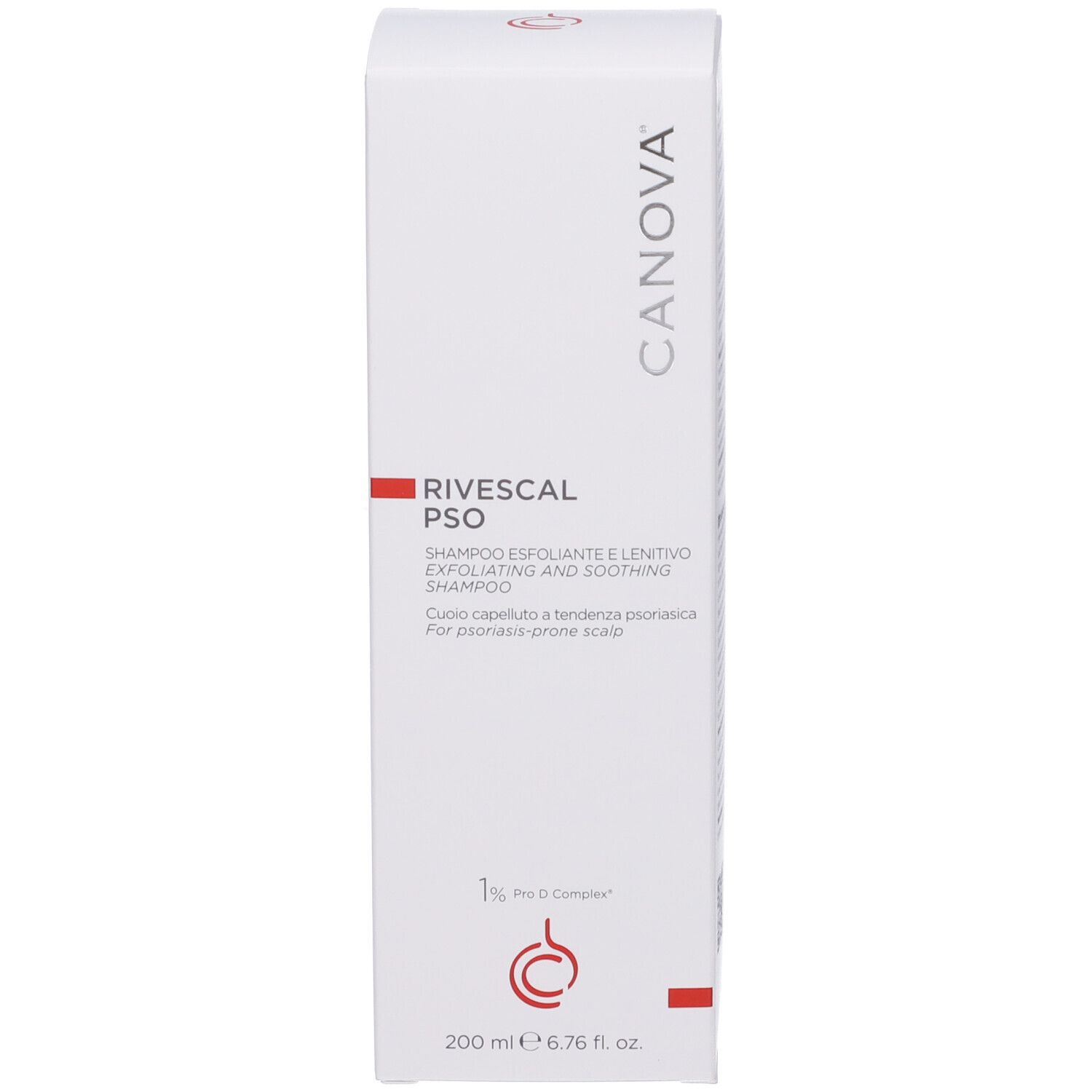 Verpackung Canova Rivescal Pso Shampoo mit Text, Logo und Volumenangabe.