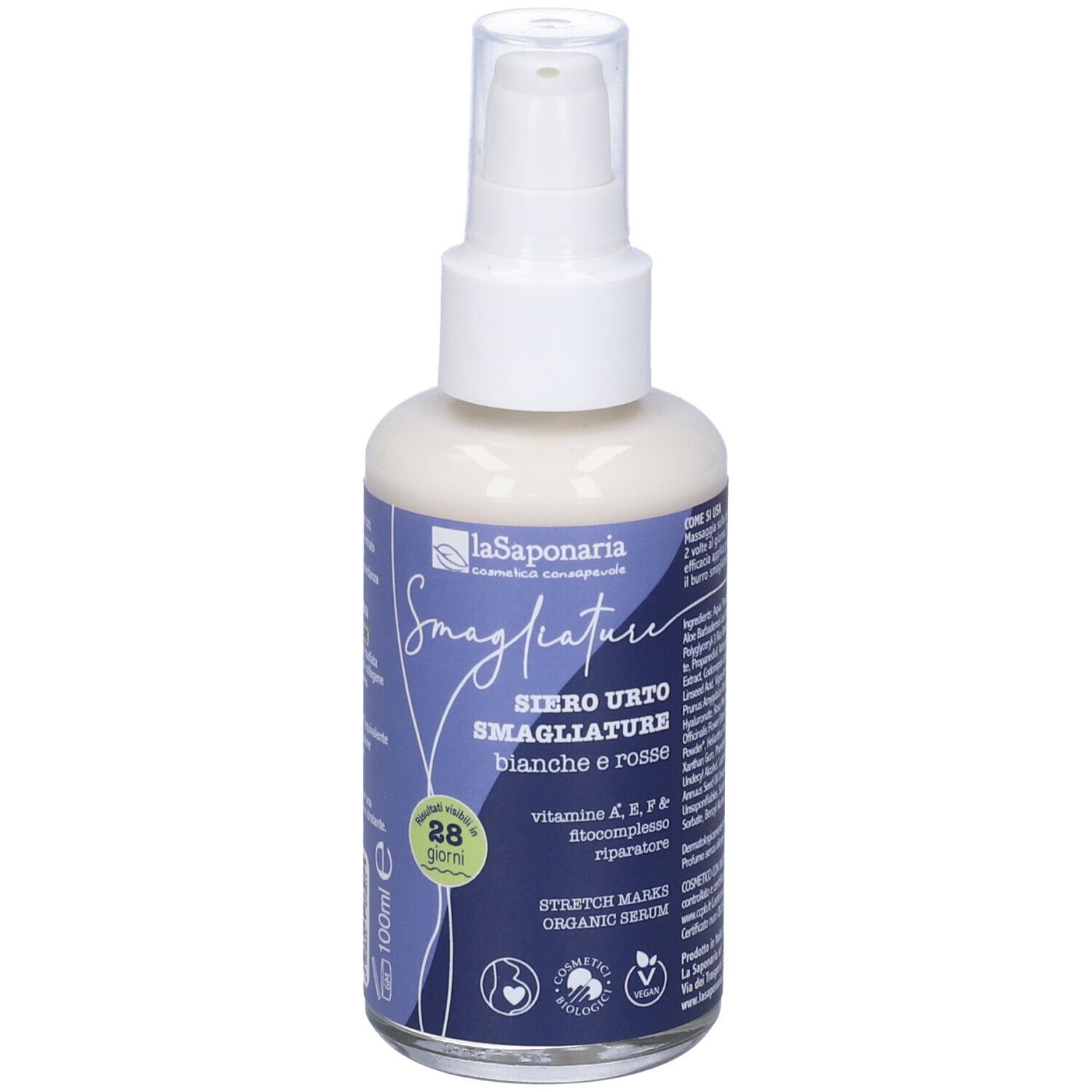 Siero bianco in flacone spray. Scritta: Smagliature, Siero Urto, 28 giorni. Con certificazione biologica.