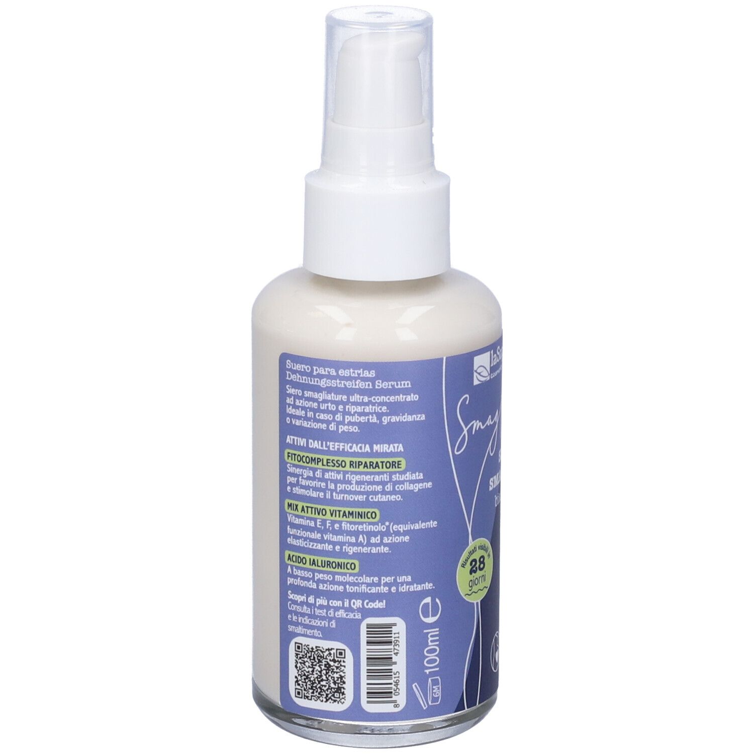 Retro del flacone spray con siero bianco. Testo: ingredienti, istruzioni per l'uso, codice QR. Con certificazione biologica.