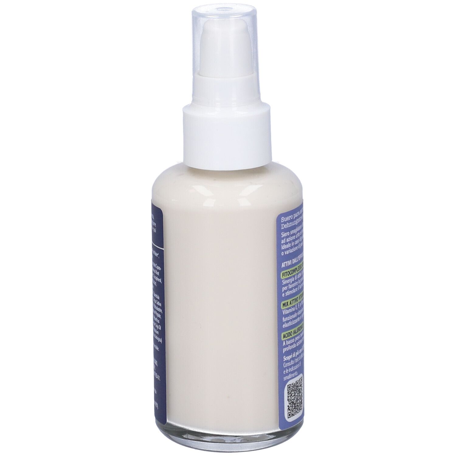 Vista posteriore del flacone spray con siero bianco. Testo: ingredienti, istruzioni per l'uso, codice QR. Con certificazione biologica.
