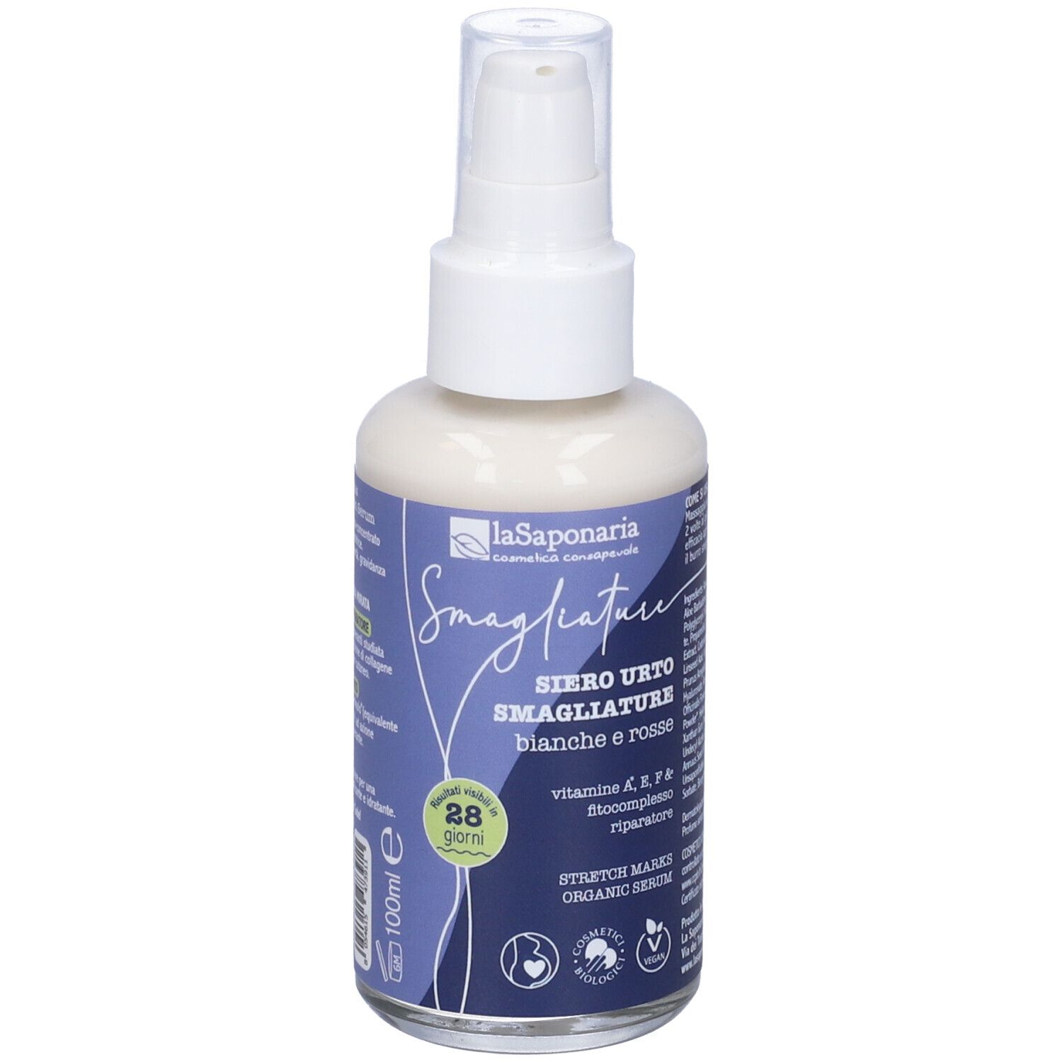 Siero bianco in flacone spray. Scritta: Smagliature, Siero Urto, 28 giorni. Con certificazione biologica.