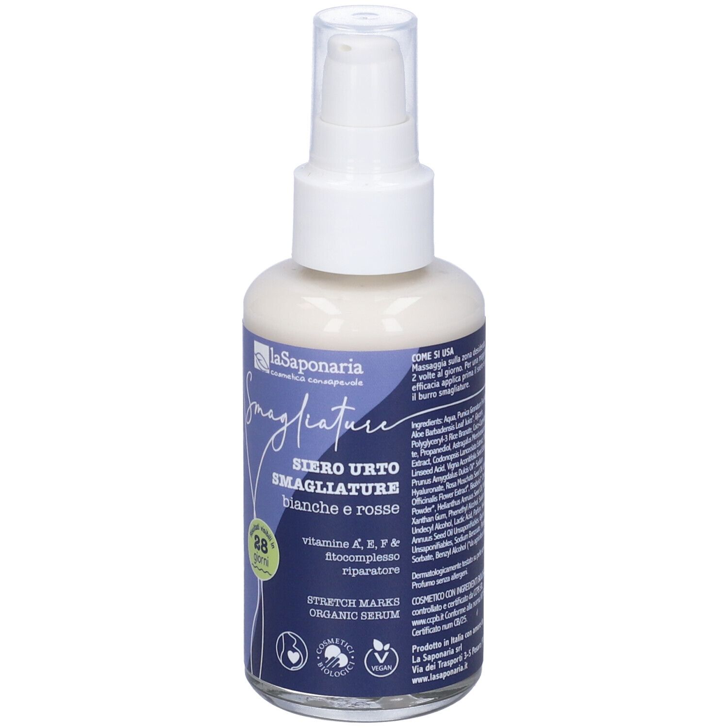 Siero bianco in flacone spray. Scritta: Smagliature, Siero Urto, 28 giorni. Con certificazione biologica.