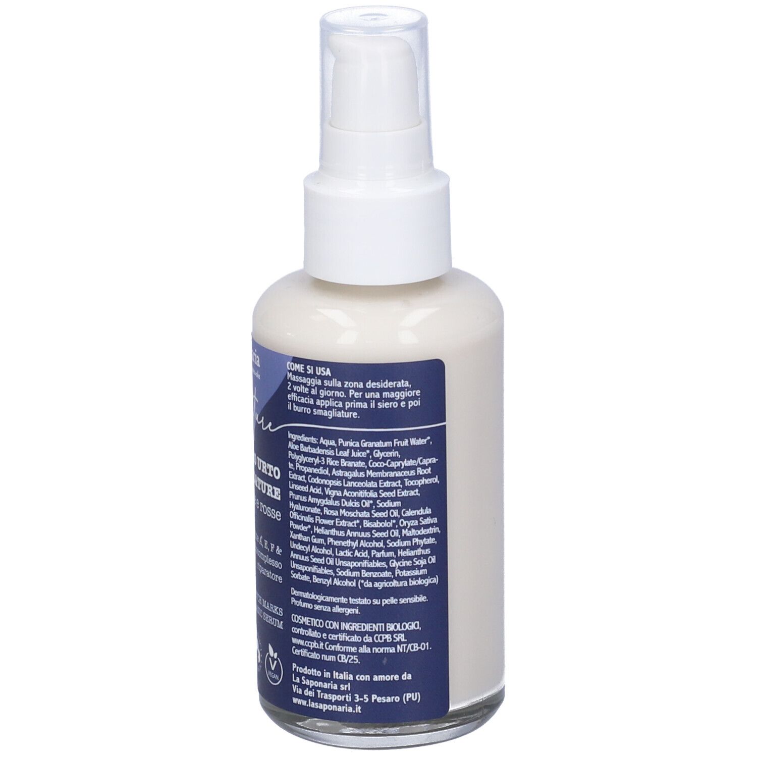 Retro del flacone spray con siero bianco. Testo: ingredienti, istruzioni per l'uso, codice QR. Con certificazione biologica.