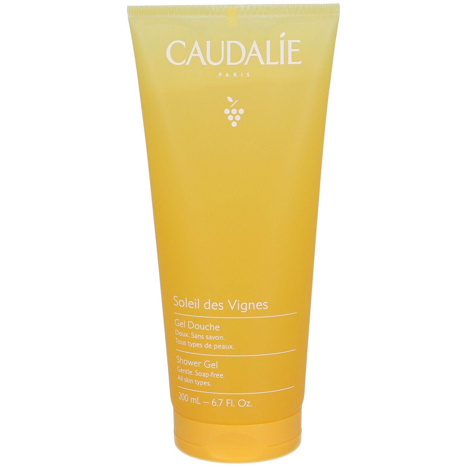 Tubo gel doccia sfumato giallo-arancio. Scritta Caudalie, Soleil des Vignes. Testo: Douche, sans savon, tous types de peaux.