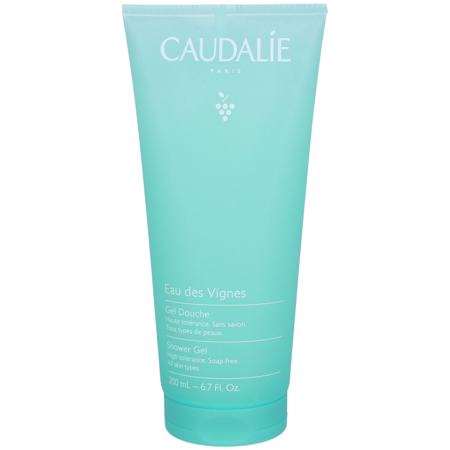 Türkisfarbene Caudalie Eau des Vignes Duschgel-Tube, 200 ml.