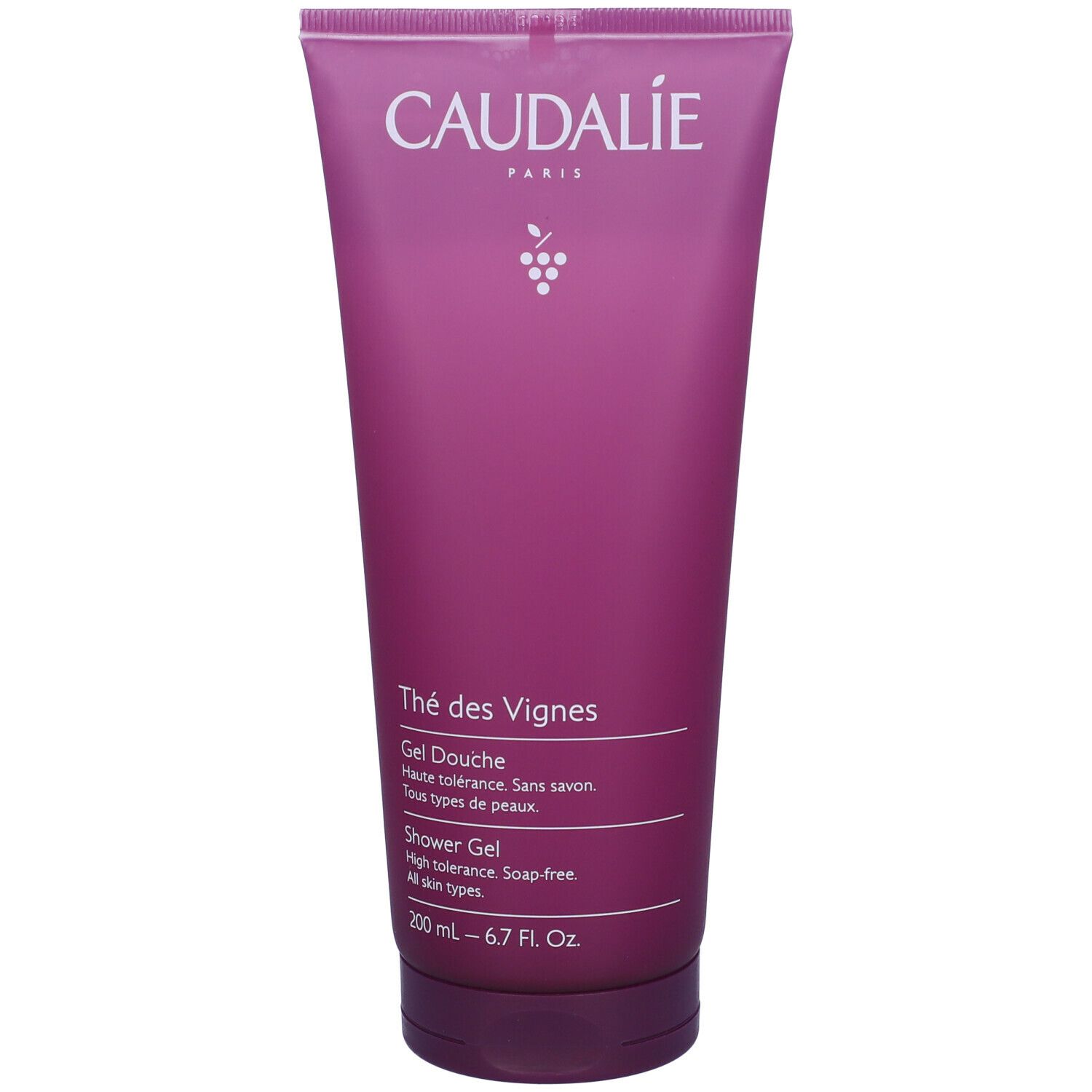 Tubo lilla. Logo Caudalie e nome del prodotto. Testo "Gel Douche" e "Shower Gel". 200 ml.