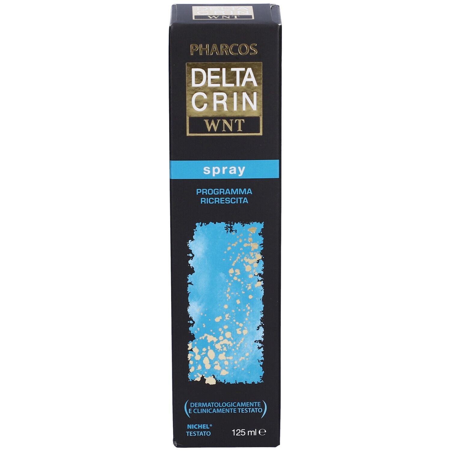 Confezione nera con nome del prodotto e grafica blu. Visibili "Spray" e "Programma Ricrescita".