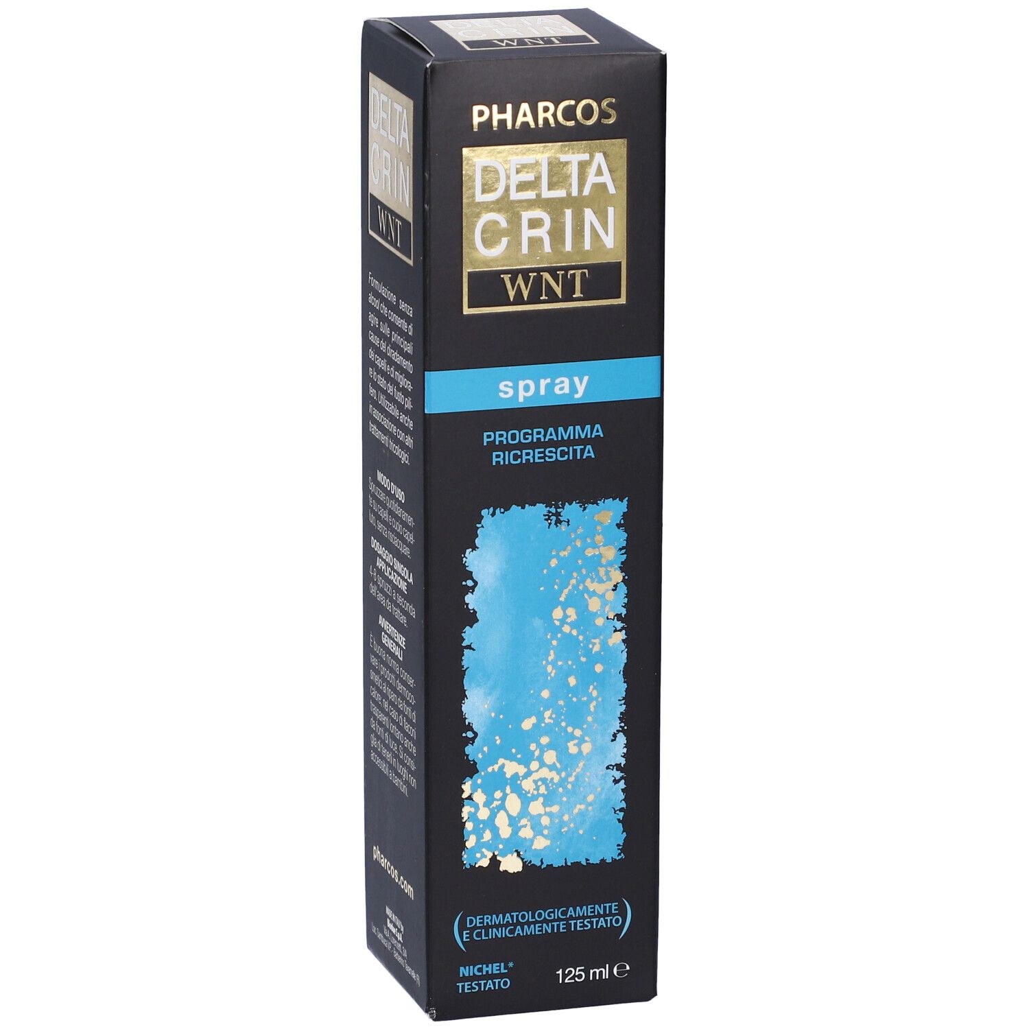Confezione nera con nome del prodotto e grafica blu. Visibili "Spray" e "Programma Ricrescita".