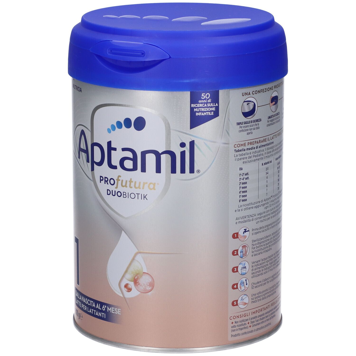 Fronte della lattina Aptamil Profutura 1 con istruzioni per la preparazione e tabella nutrizionale.