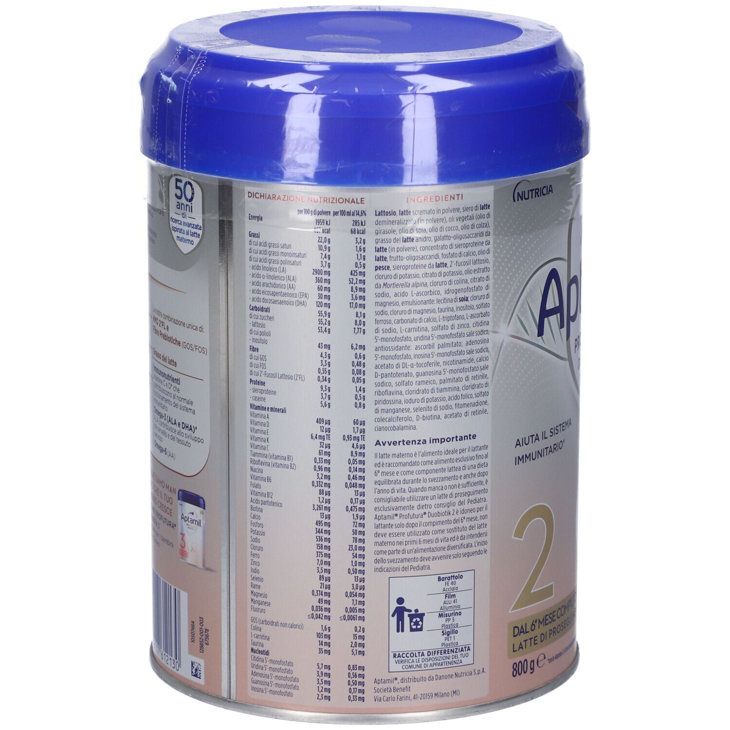 Retro di una confezione Aptamil Profutura 2 Duobiotik da 800g con informazioni nutrizionali e avvertenze.