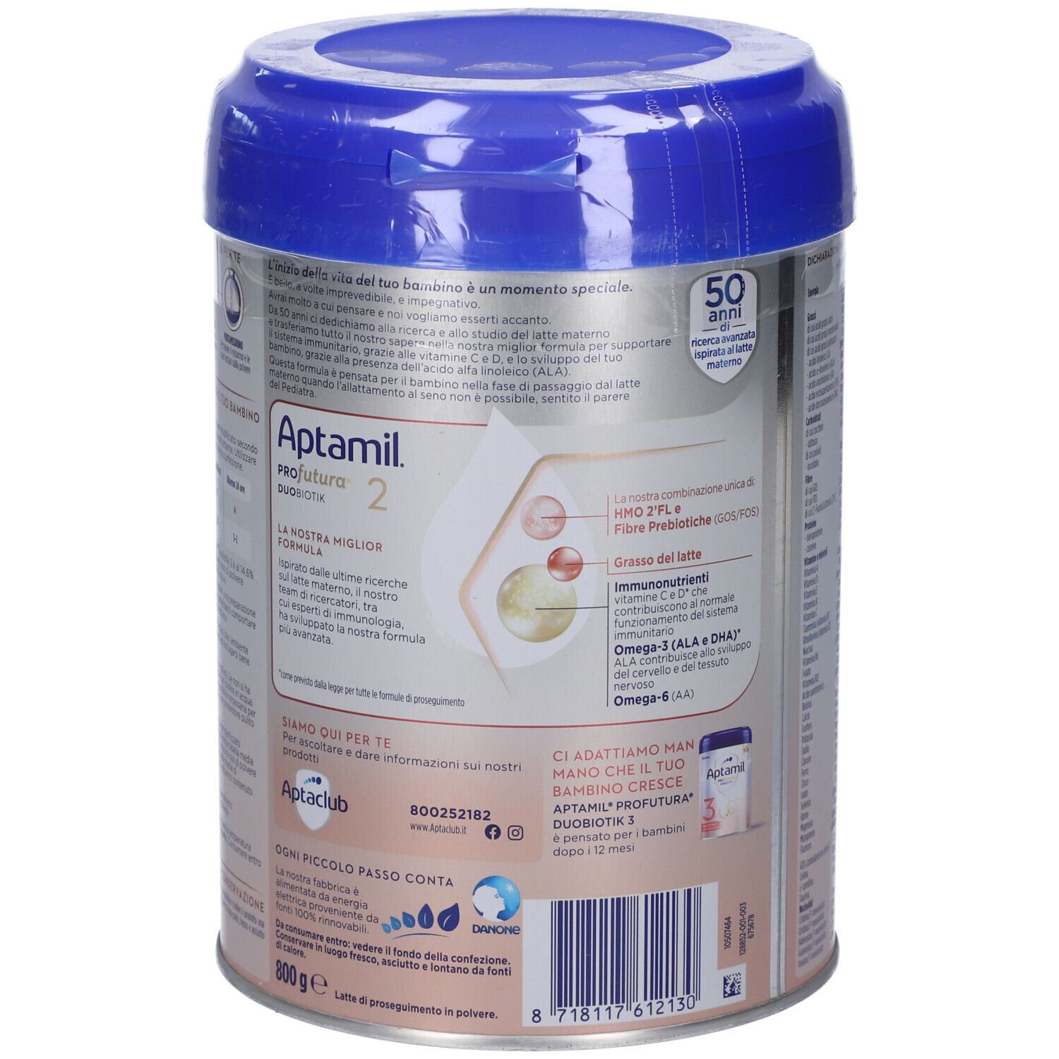 Lato di una confezione Aptamil Profutura 2 Duobiotik da 800g con informazioni sulla composizione e l'uso.