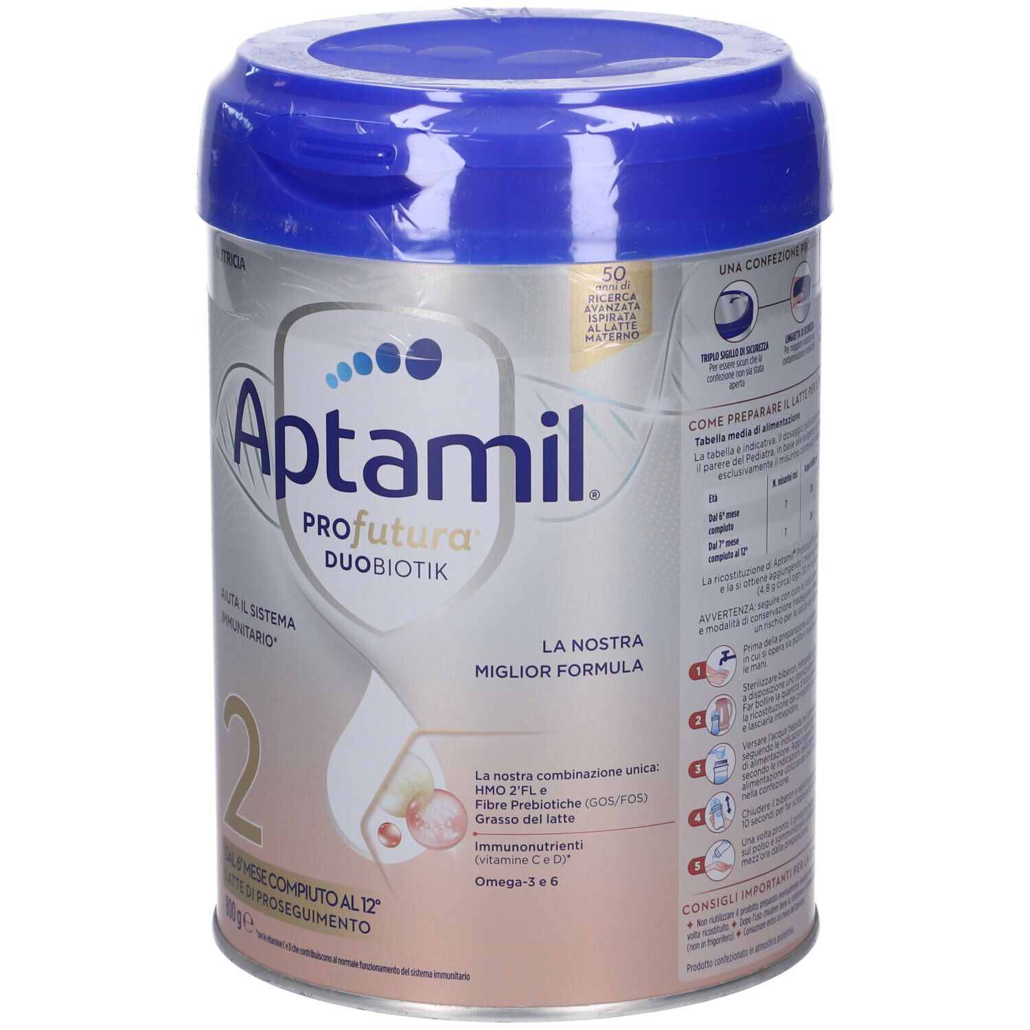 Fronte di una confezione Aptamil Profutura 2 Duobiotik da 800g con caratteristiche del prodotto e supporto immunitario.