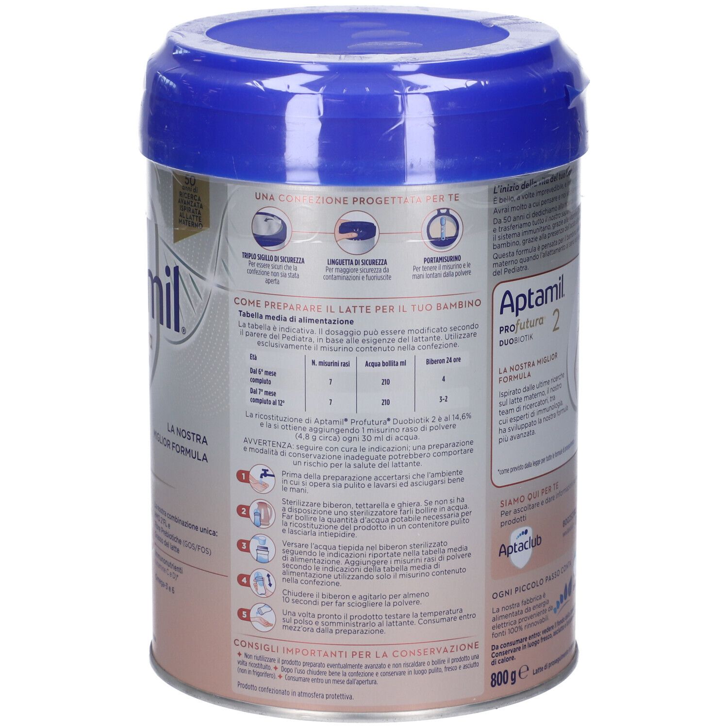 Confezione Aptamil Profutura 2 Duobiotik da 800g con istruzioni per la preparazione e consigli importanti per la conservazione.