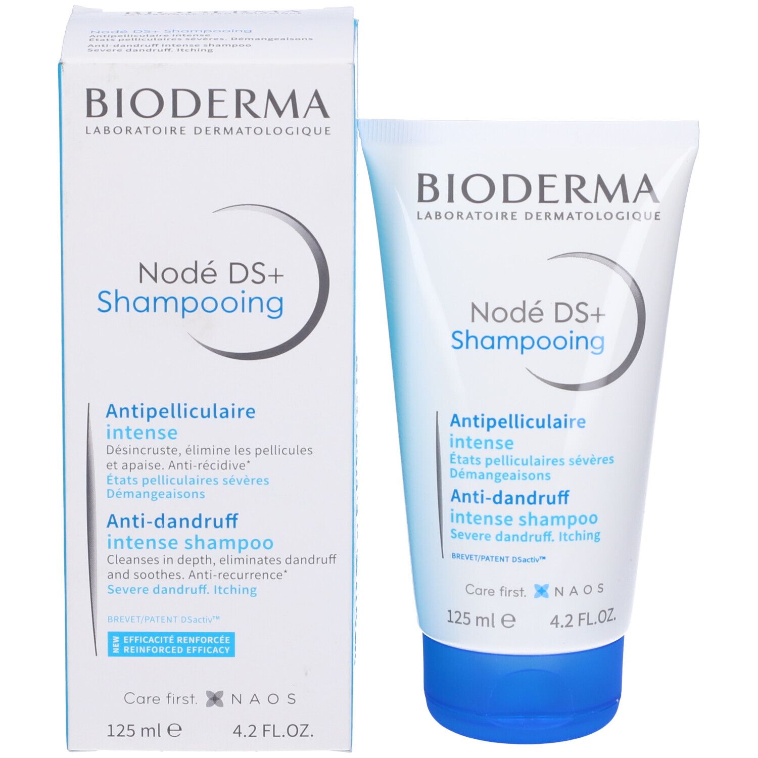 Confezione del prodotto: scatola e tubo. Scritta: BIODERMA, Nodé DS+ Shampooing. Testo in francese e inglese.
