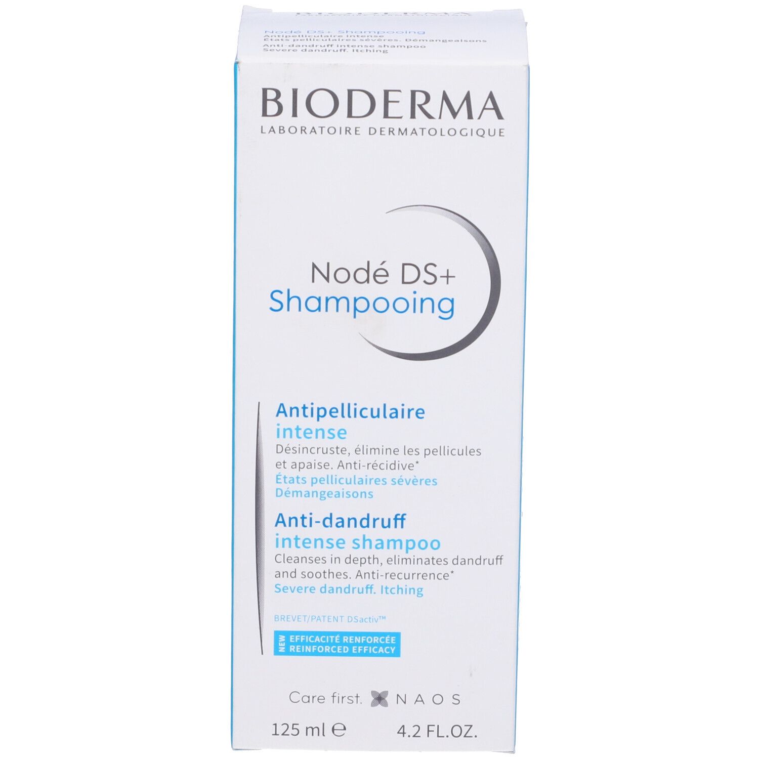 Confezione del prodotto: scatola. Scritta: BIODERMA, Nodé DS+ Shampooing. Testo in francese e inglese.