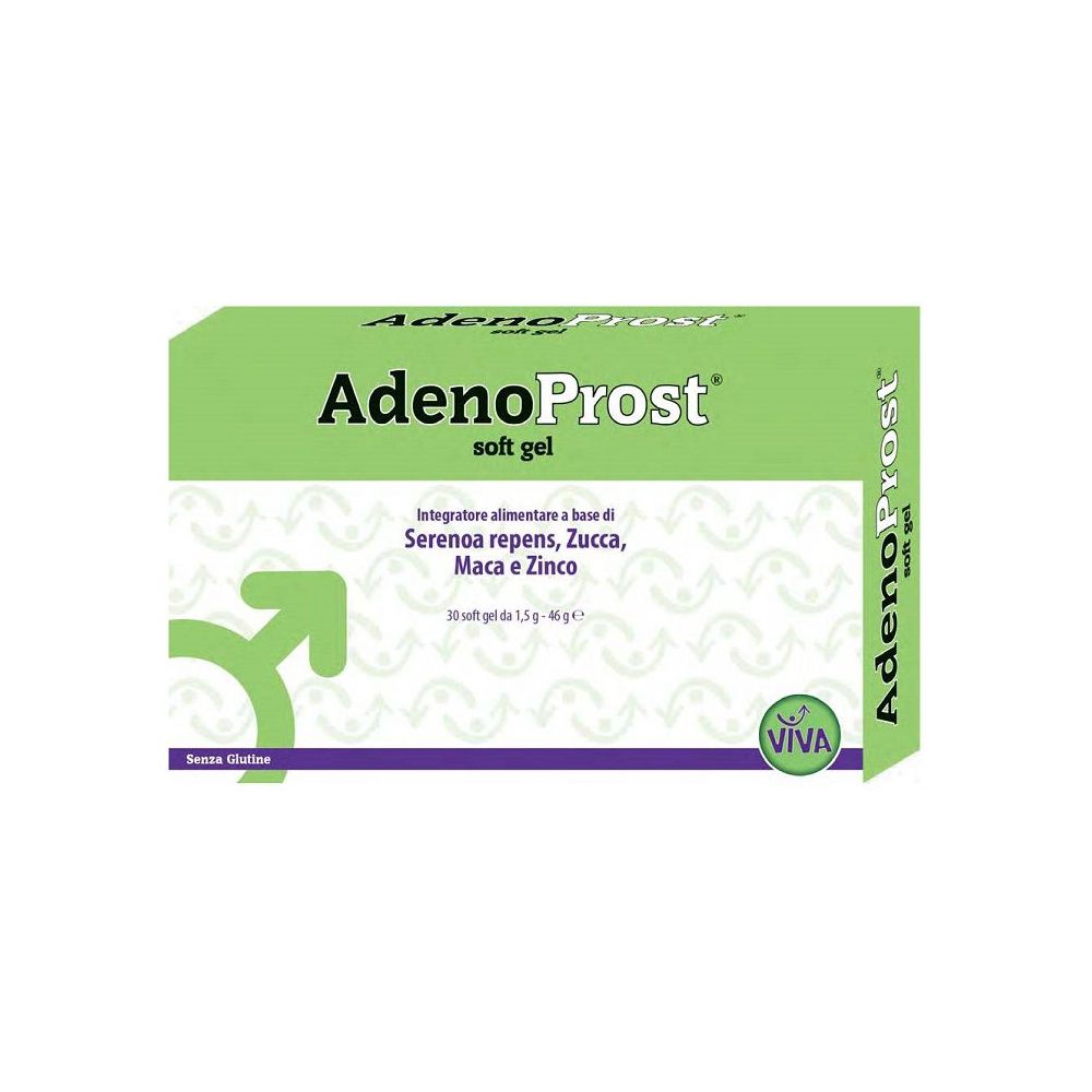 Scatola verde "AdenoProst soft gel". Contiene 30 capsule. Logo con simbolo maschile stilizzato.