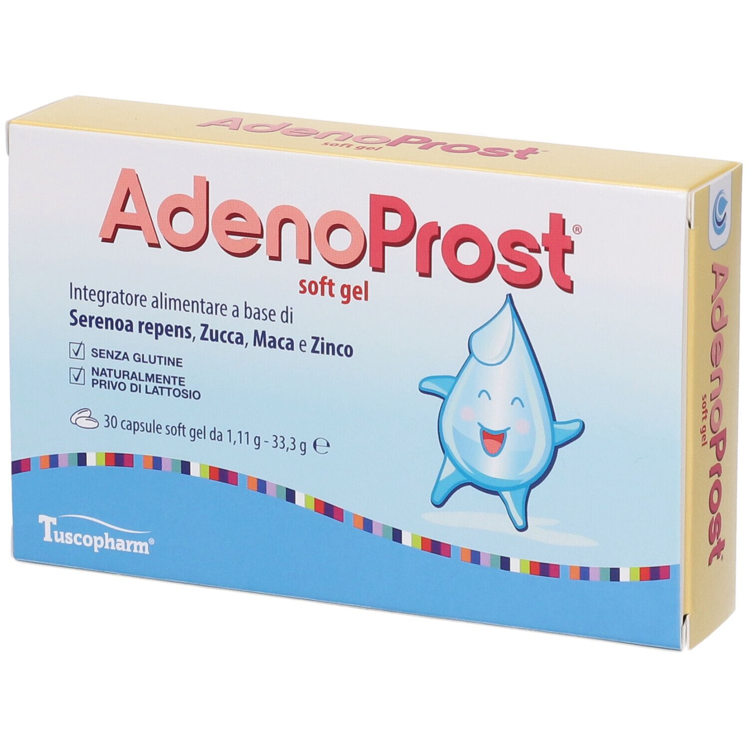 Scatola gialla "AdenoProst soft gel". Contiene 30 capsule. Goccia con volto.