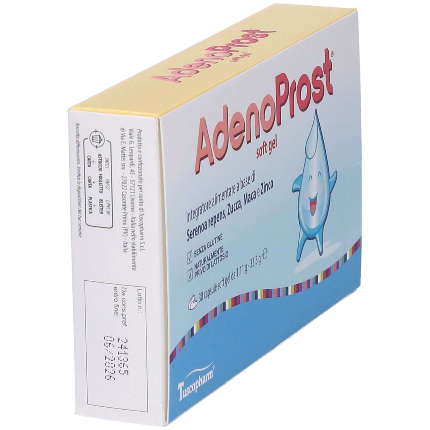 Scatola "AdenoProst soft gel". Vista laterale. Contiene 30 capsule. Data di scadenza stampata.
