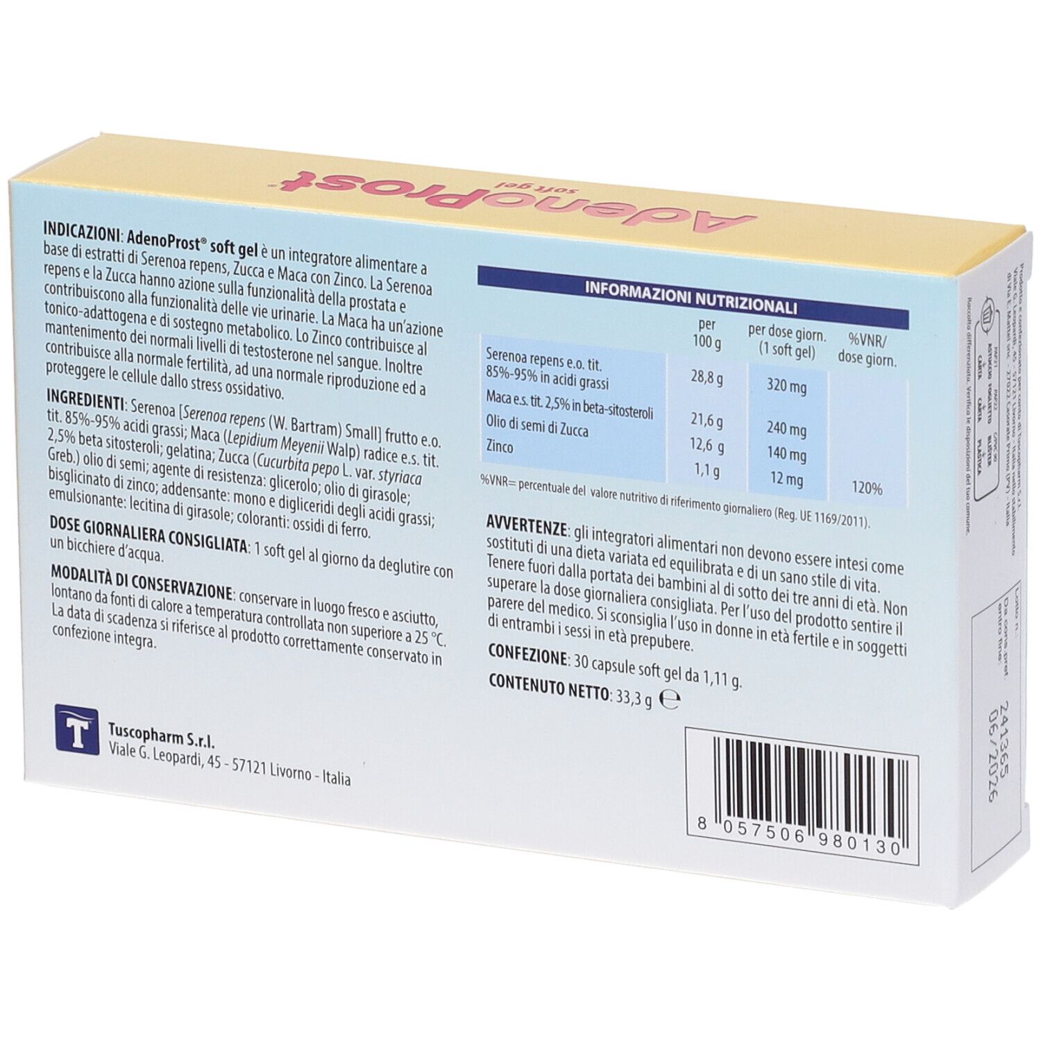 Retro della scatola "AdenoProst soft gel". Contiene informazioni sugli ingredienti e i valori nutrizionali.